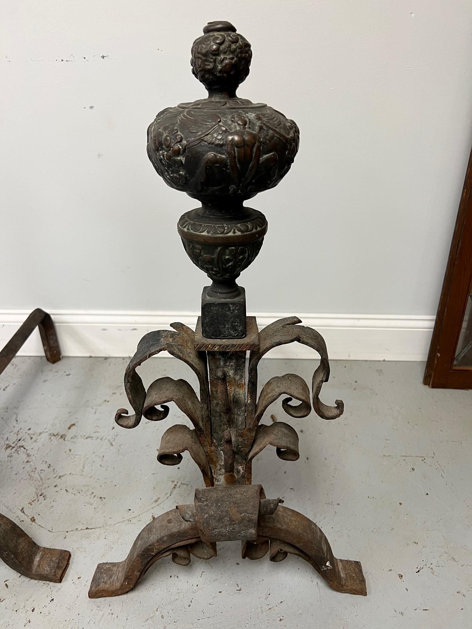 Late 19th Century Antique Pair of Iron and Bronze Andirons  For Sale 1