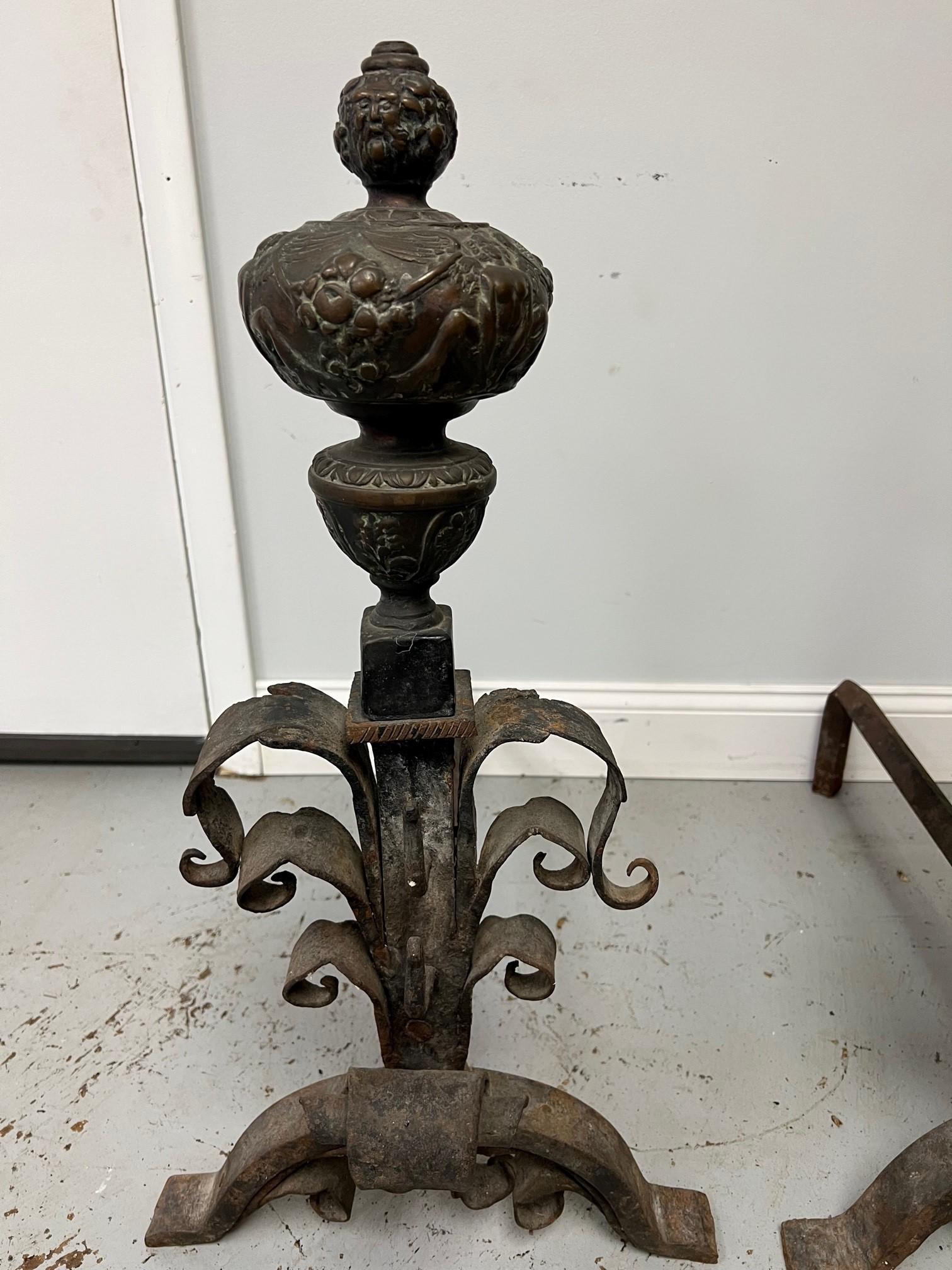 Late 19th Century Antique Pair of Iron and Bronze Andirons  For Sale 2