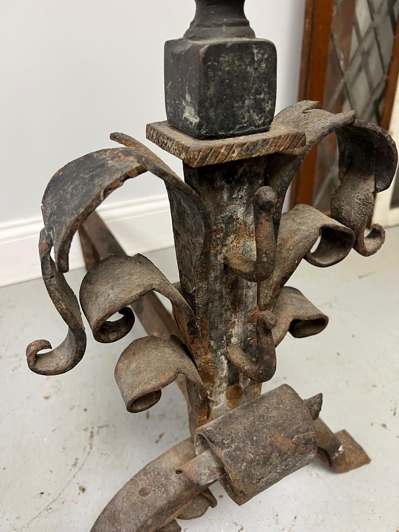 Late 19th Century Antique Pair of Iron and Bronze Andirons  For Sale 3