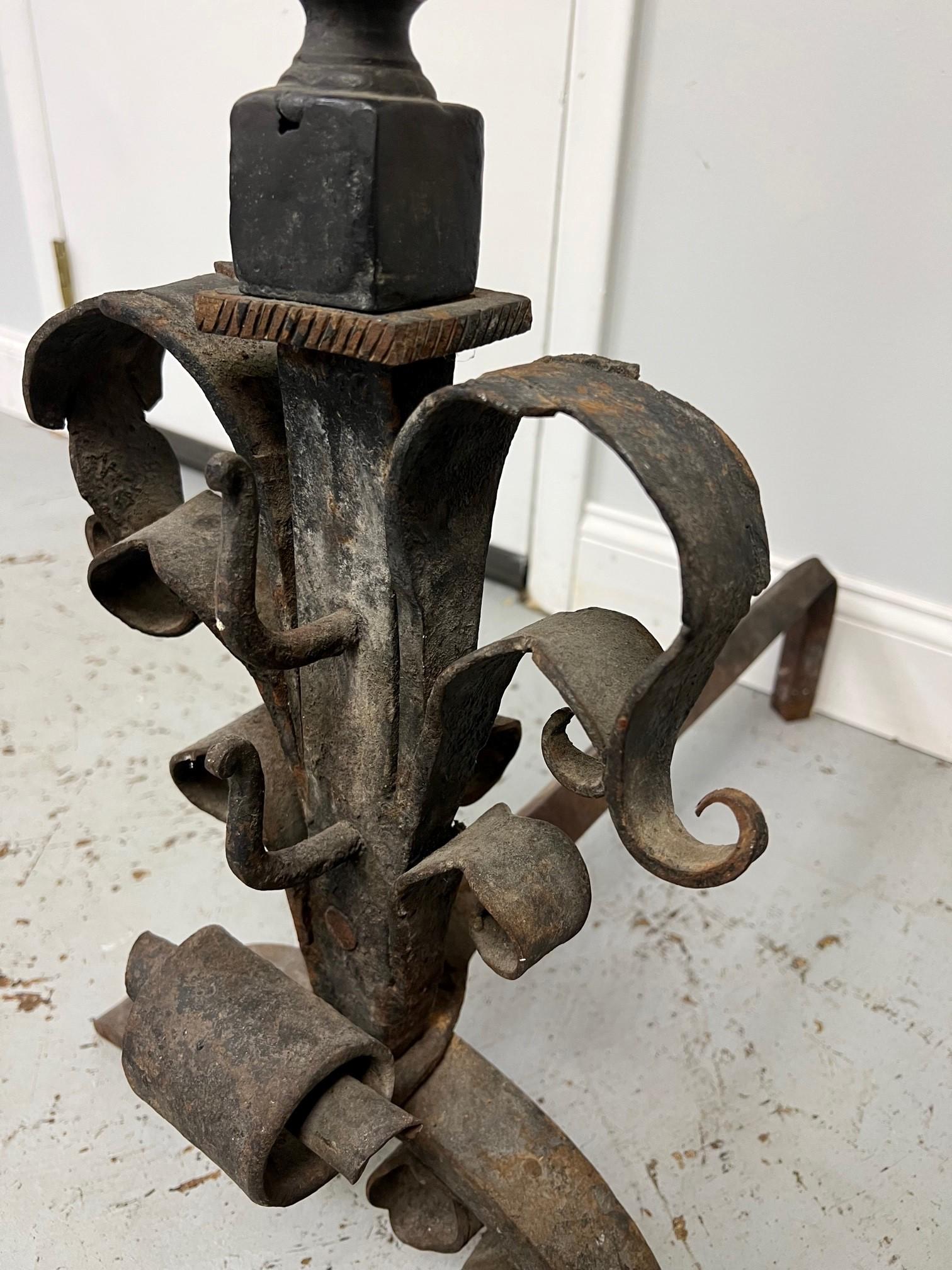 Late 19th Century Antique Pair of Iron and Bronze Andirons  For Sale 4