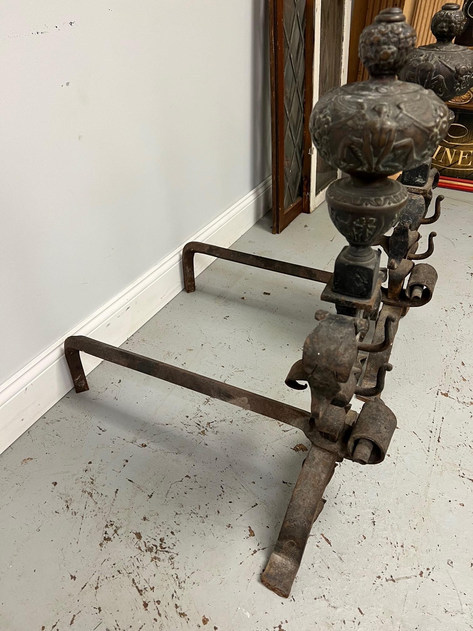 Late 19th Century Antique Pair of Iron and Bronze Andirons  For Sale 6