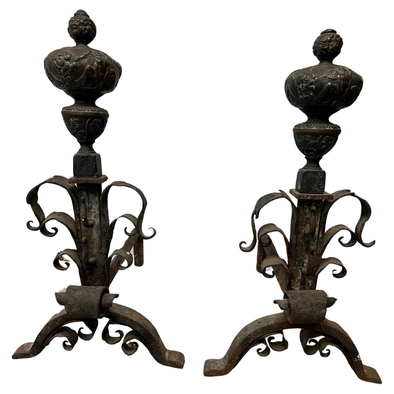 Late 19th Century Antique Pair of Iron and Bronze Andirons  For Sale