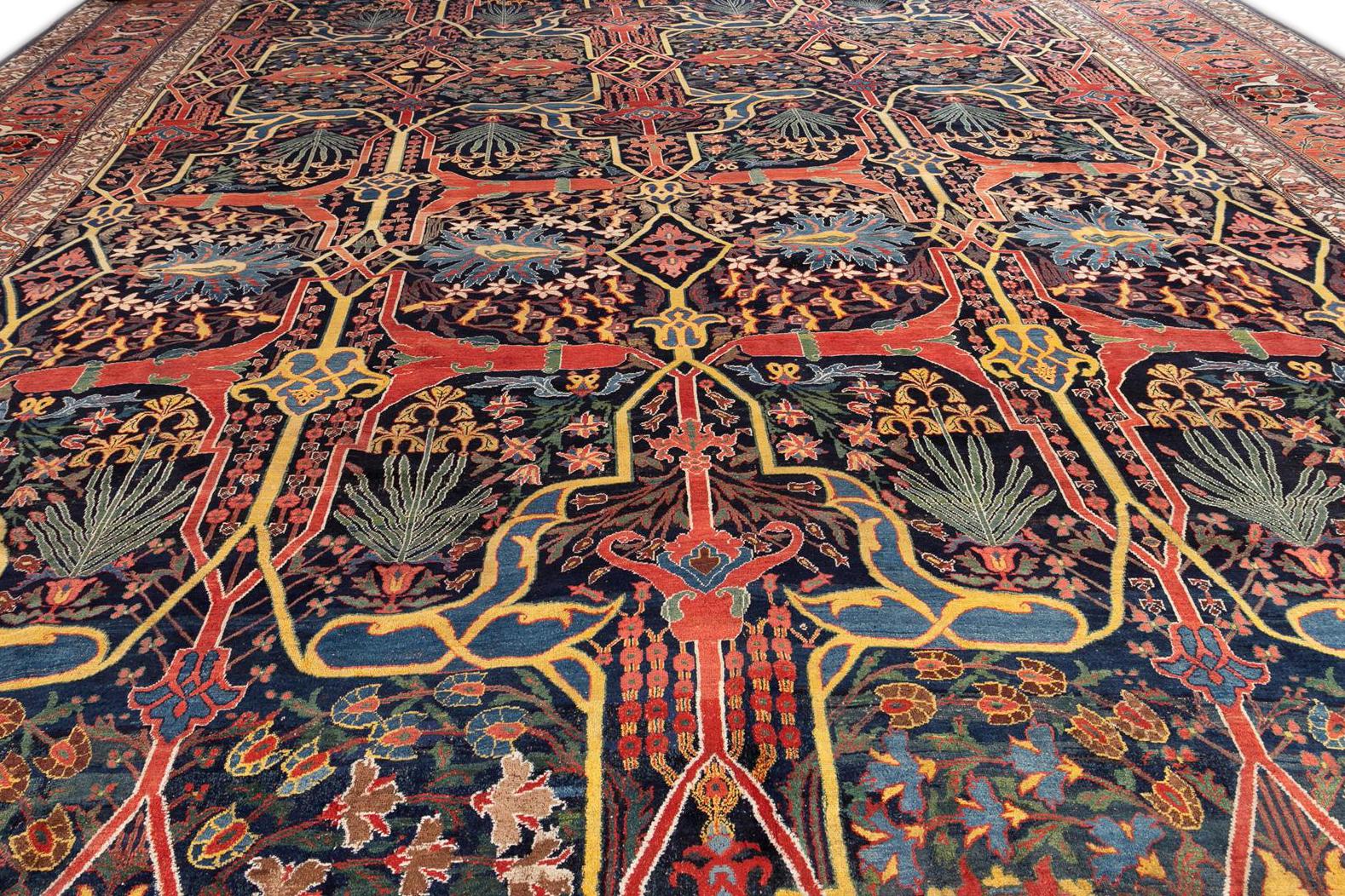 Persian Late 19th Century Antique Palace Size Blue Bidjar Wool Rug For Sale