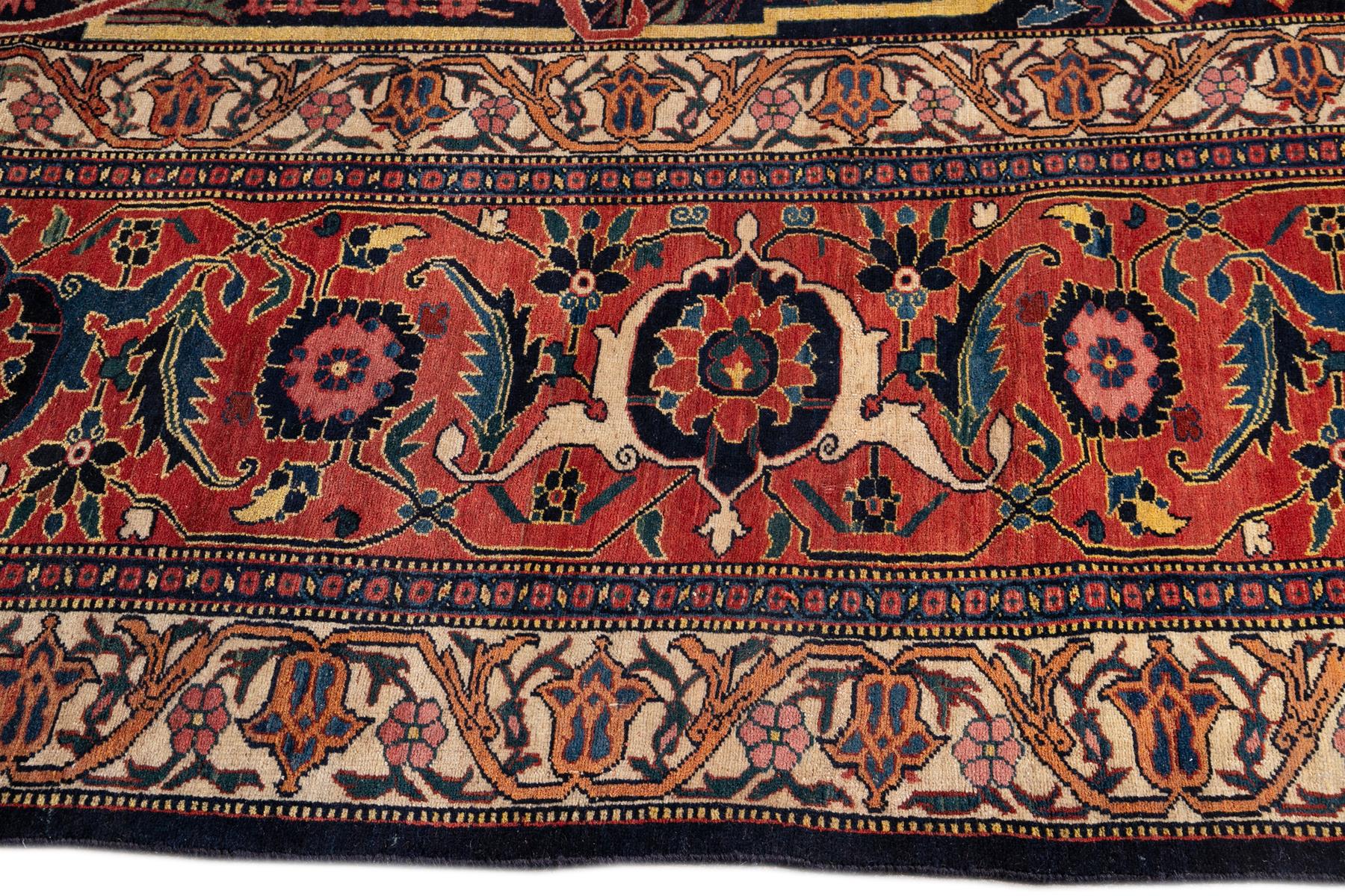 Late 19th Century Antique Palace Size Blue Bidjar Wool Rug For Sale 1