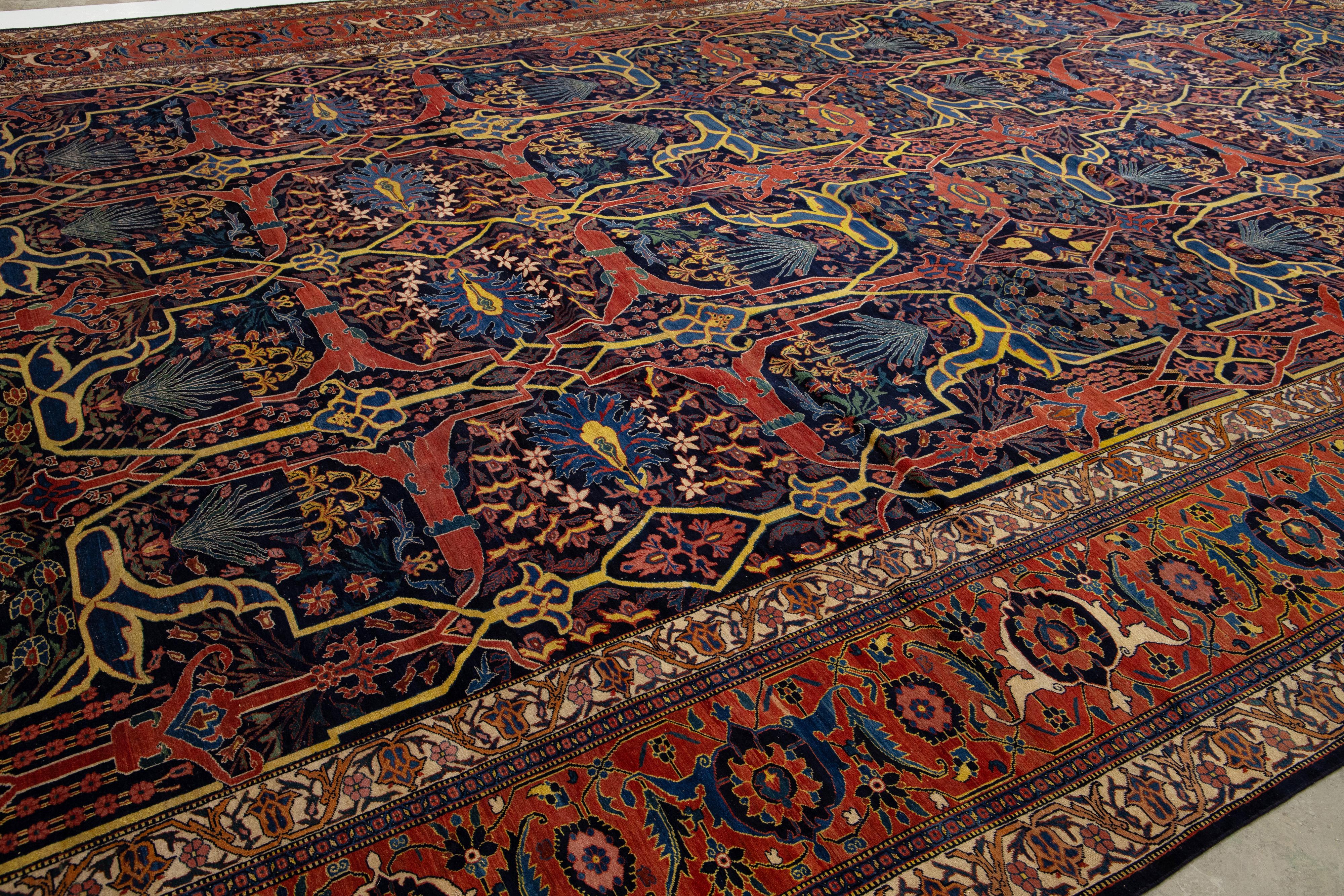Persian Late 19th Century Antique Palace Size Blue Bidjar Wool Rug For Sale