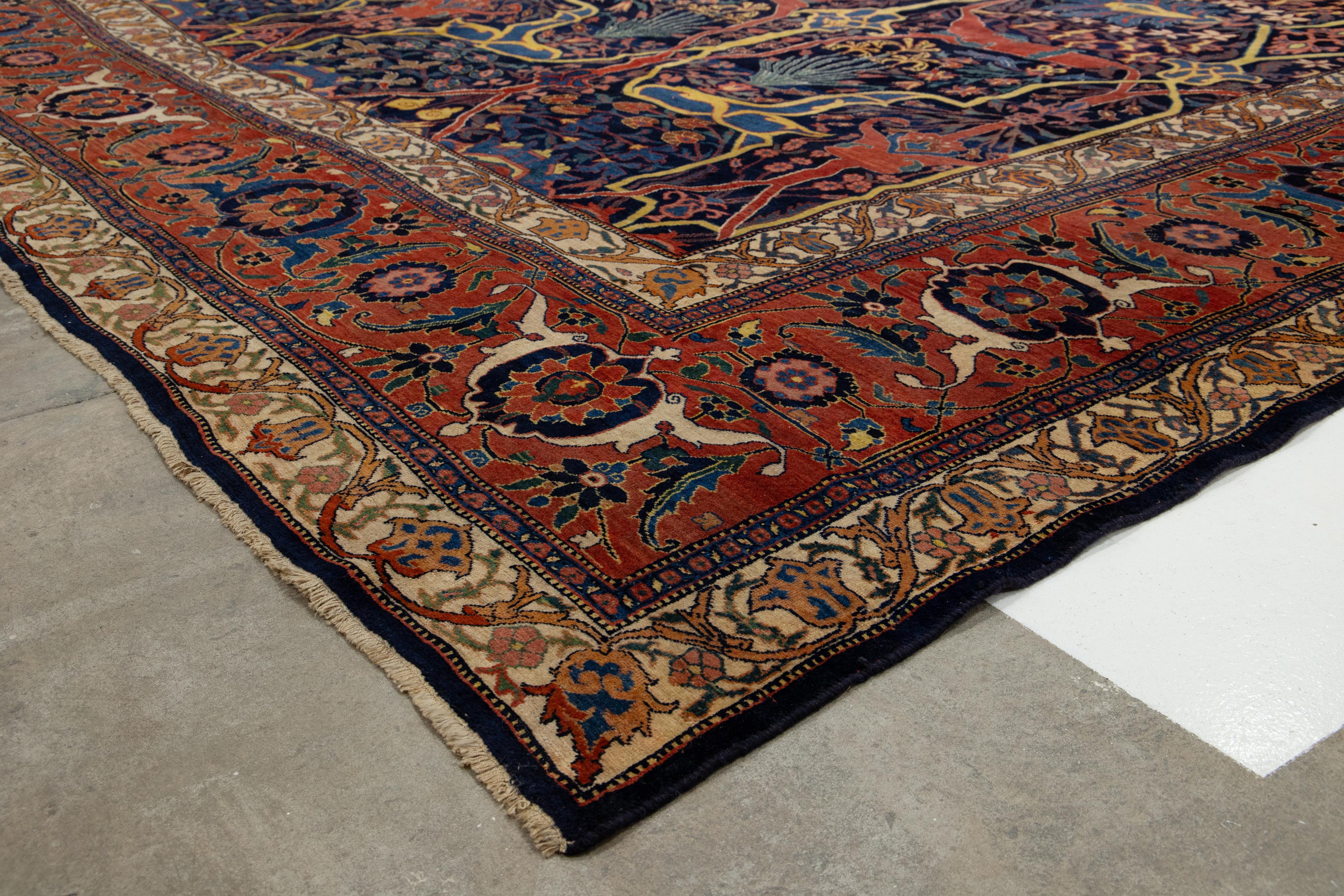Hand-Knotted Late 19th Century Antique Palace Size Blue Bidjar Wool Rug For Sale