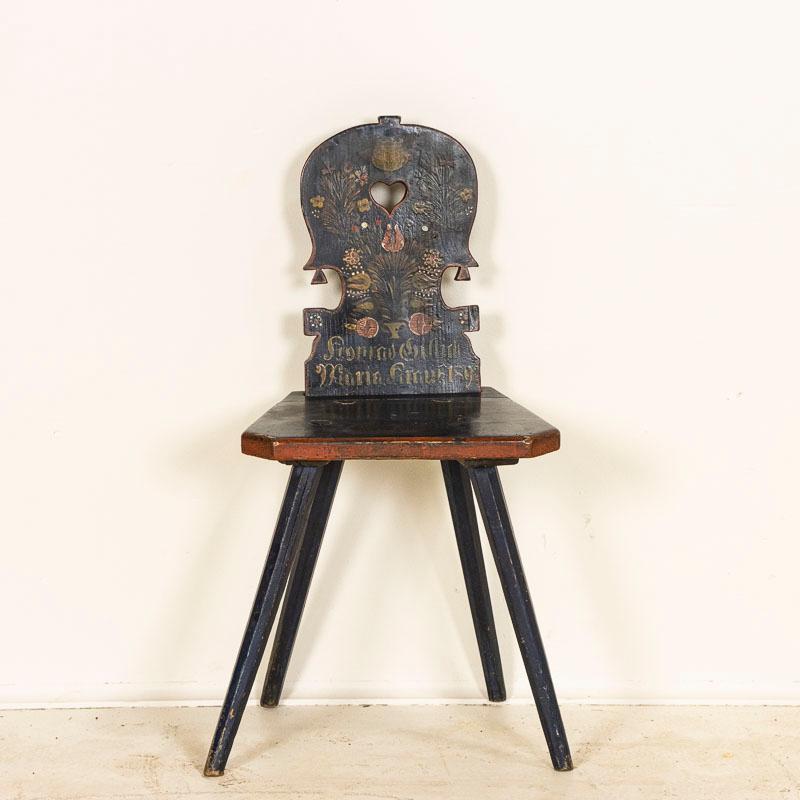 Hungarian Late 19th Century Antique Peg Leg Original Blue Painted Chair with Carved Out He