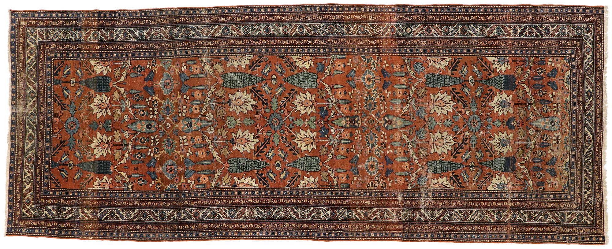 76754, Late 19th Century Antique Persian Bakshaish Gallery Rug with Arts & Crafts Style. This hand-knotted wool antique Persian Bakshaish gallery rug features an all-over botanical design composed of cypress trees, palmettes, flowers, lotus,