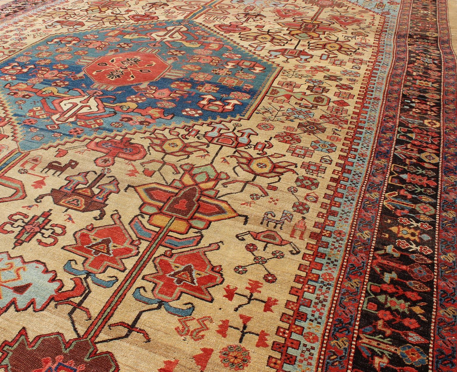 19th Century Antique Persian Bakshaish Rug in Gold, Blue and Multi colors For Sale 12
