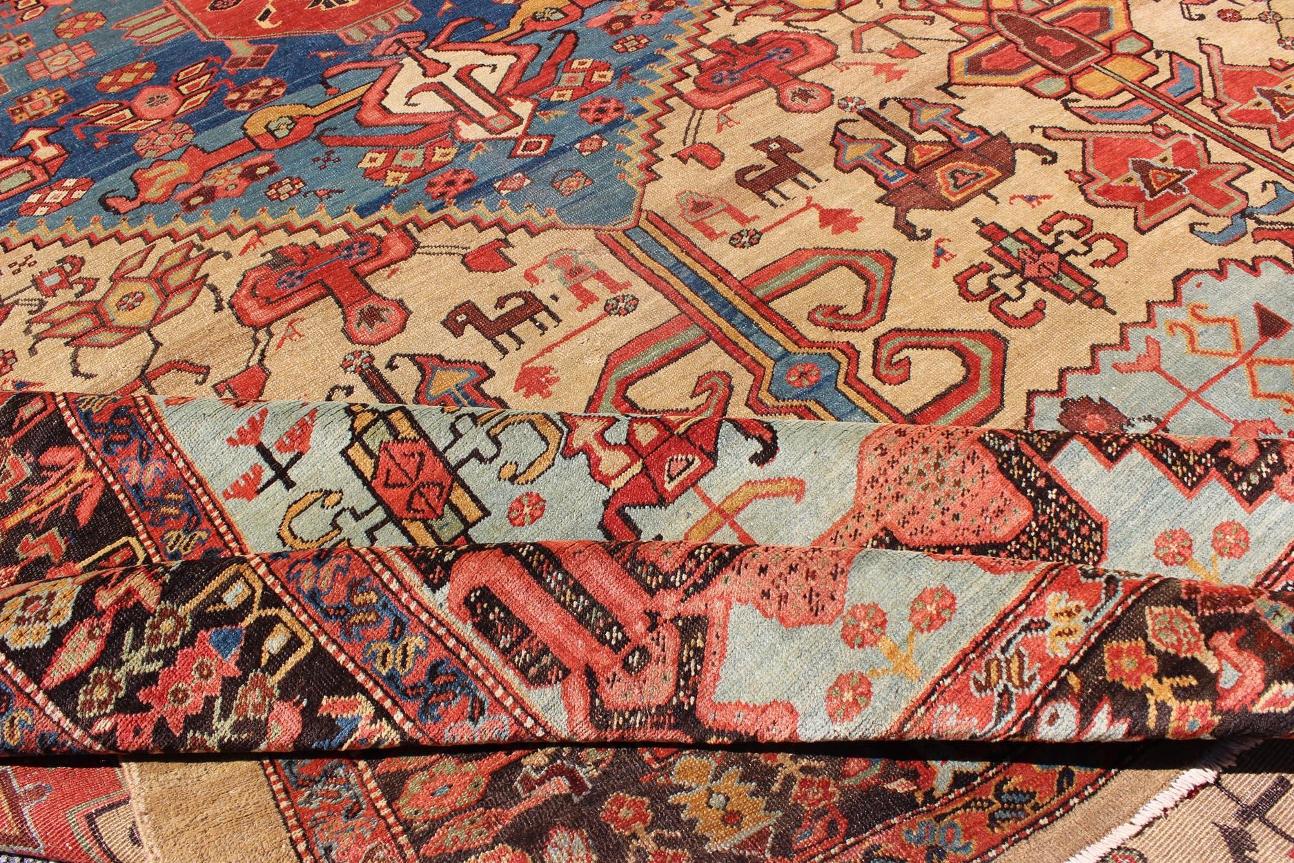 19th Century Antique Persian Bakshaish Rug in Gold, Blue and Multi colors For Sale 2