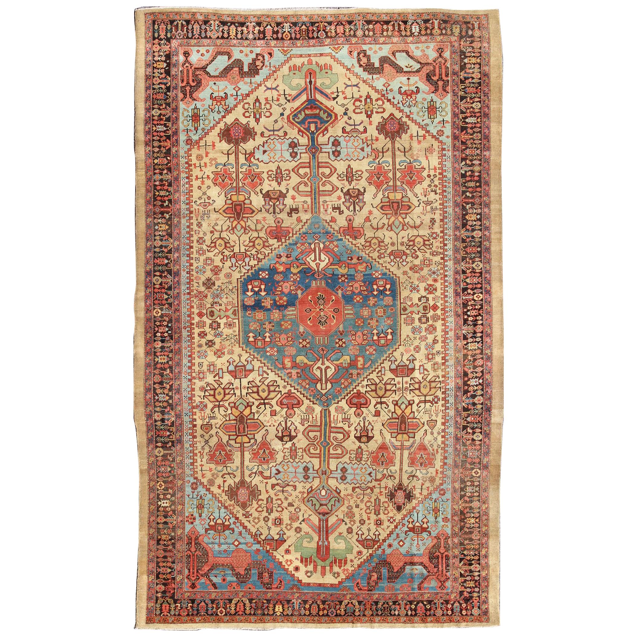 19th Century Antique Persian Bakshaish Rug in Gold, Blue and Multi colors For Sale