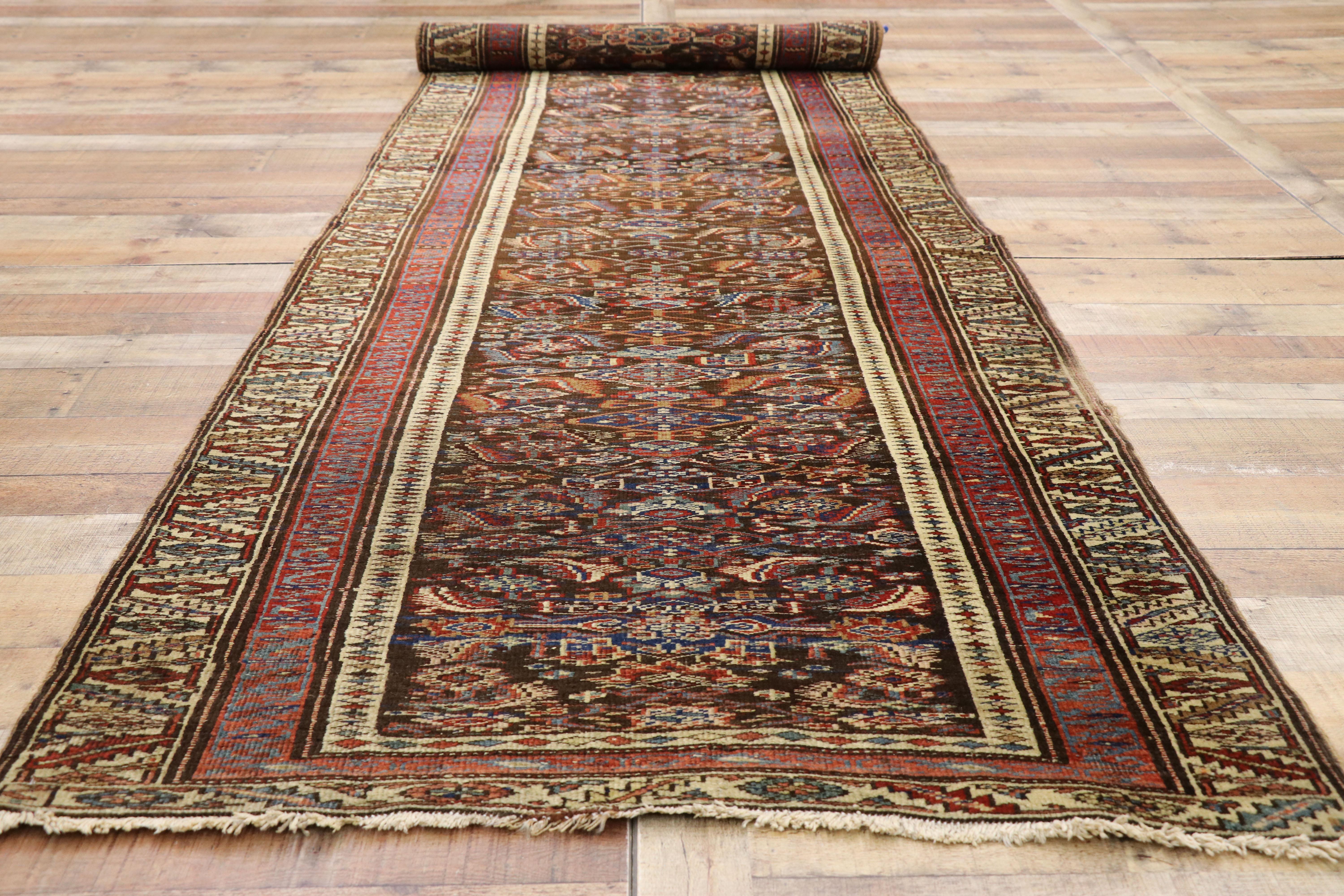 Aesthetic Movement Late 19th Century Antique Persian Bijar Runner, Tribal Style Hallway Runner For Sale