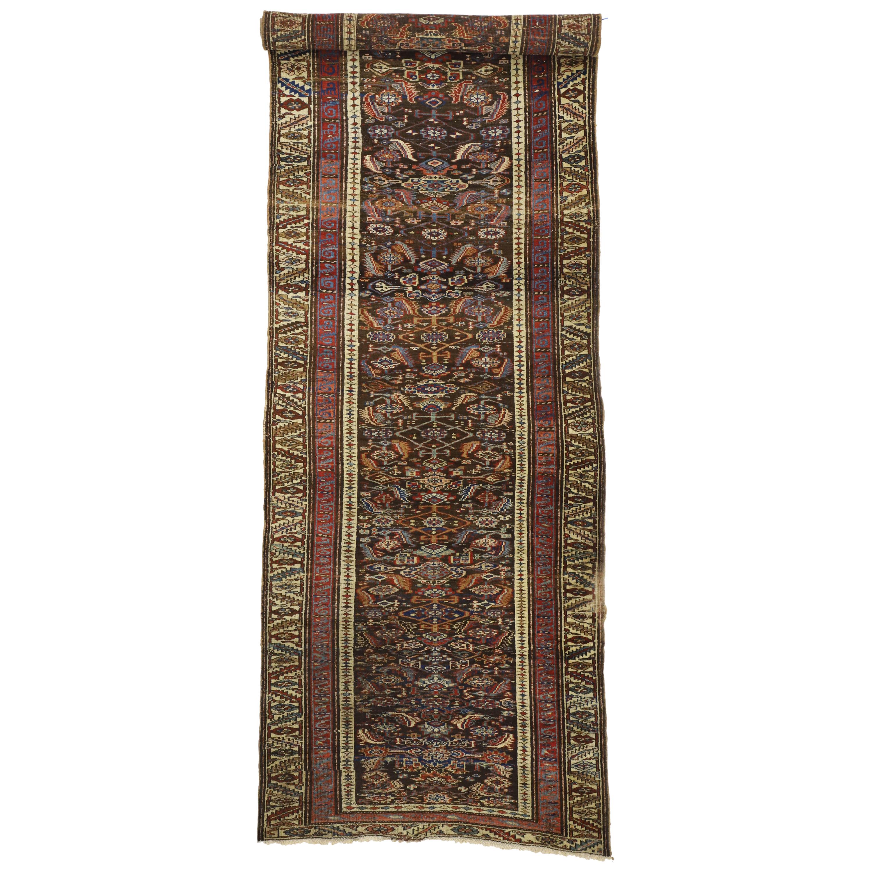 Tapis de couloir persan Bijar ancien de la fin du XIXe siècle, tapis de couloir de style tribal