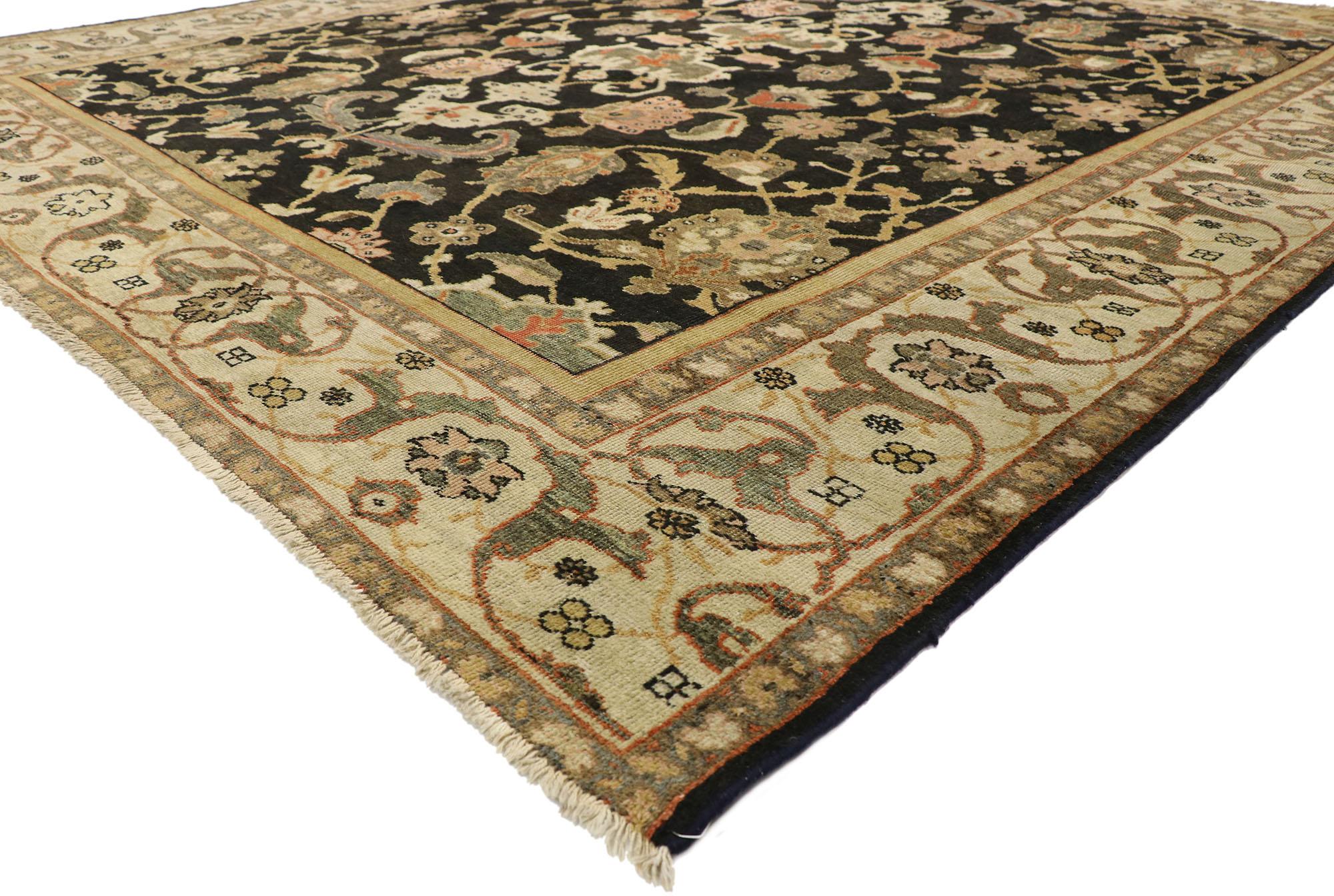 77104 Late 19th Century Antique Persian Black Sultanabad Rug with Regal Style 08'09 x 10'01. With its black backdrop and decadent detailing, this hand-knotted wool Late 19th Century antique Persian black Sultanabad rug beautifully embodies Regal