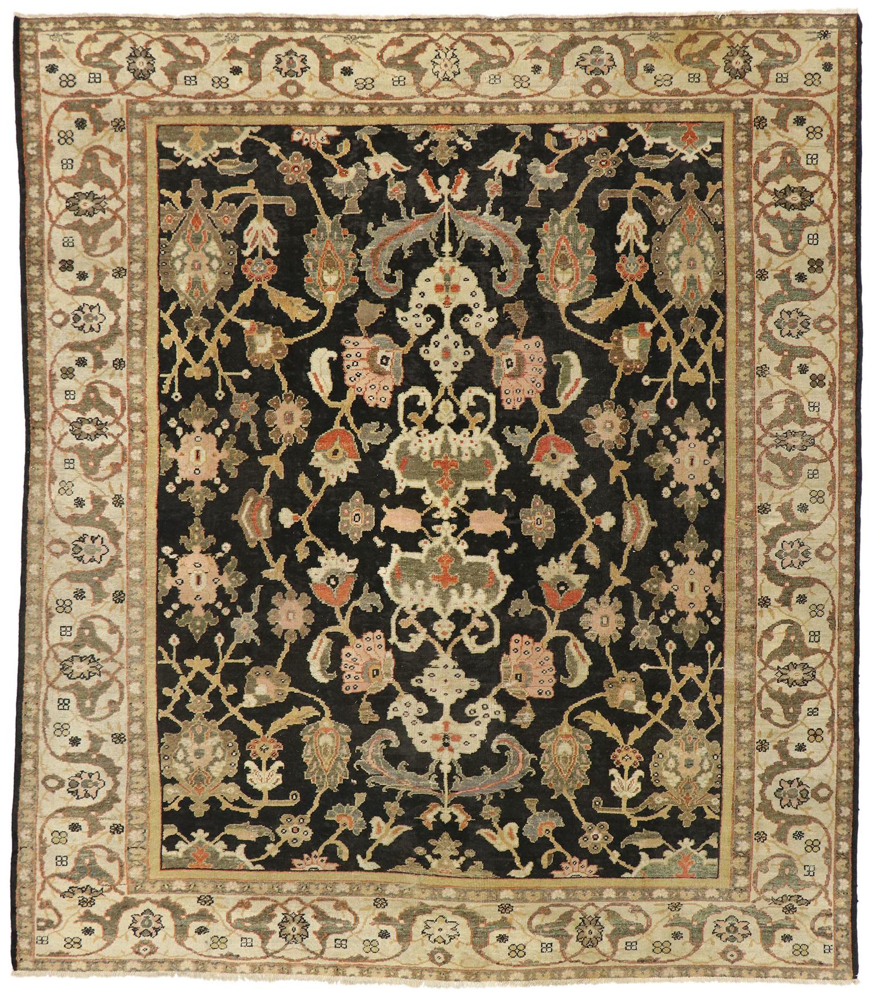 Tapis persan ancien Sultanabad noir de la fin du XIXe siècle de style royal 