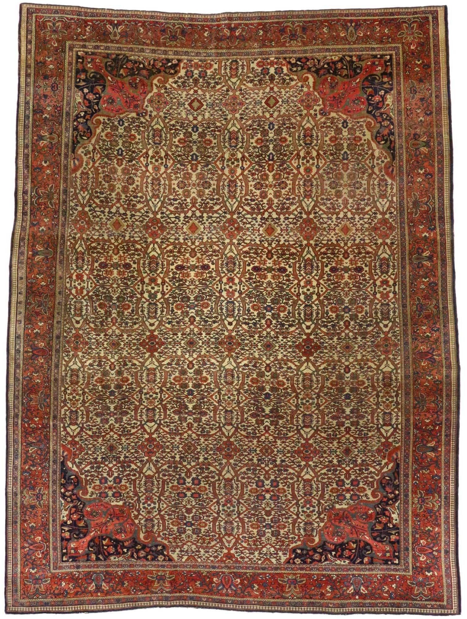 74980 Late 19th Century Antique Persian Farahan Rug with American Colonial Style 08'08 x 11'04. Displaying well-balanced symmetry and a simple design aesthetic, this hand knotted wool antique Persian Farahan rug beautifully embodies American