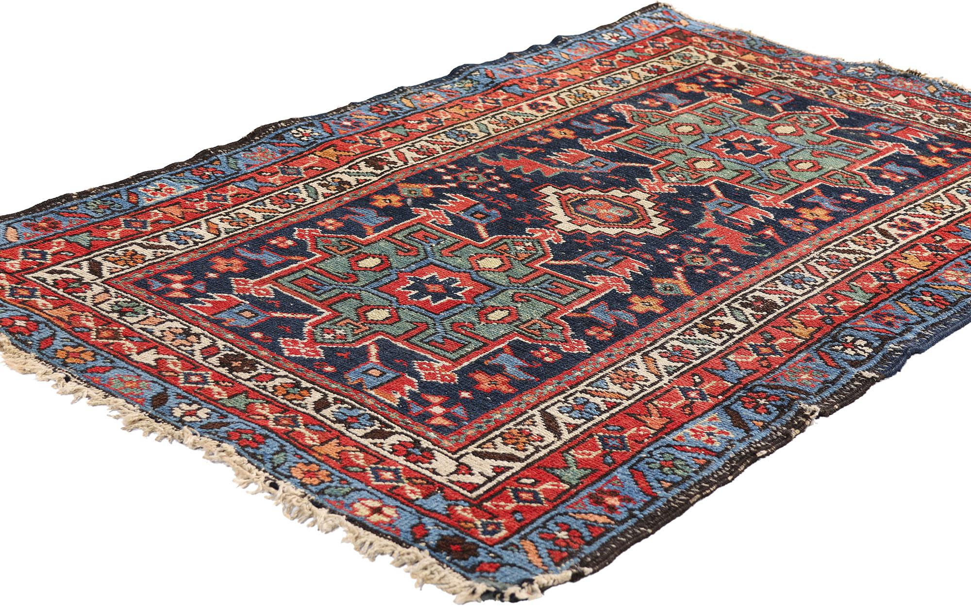 79240 Late 19th Century Antique Persian Karaja Heriz Rug, 03'00 x 04'06. A rare jewel of tribal craftsmanship and mountainous elegance, this hand knotted wool precious antique Persian Karaja Heriz rug from the late 19th century is an ode to