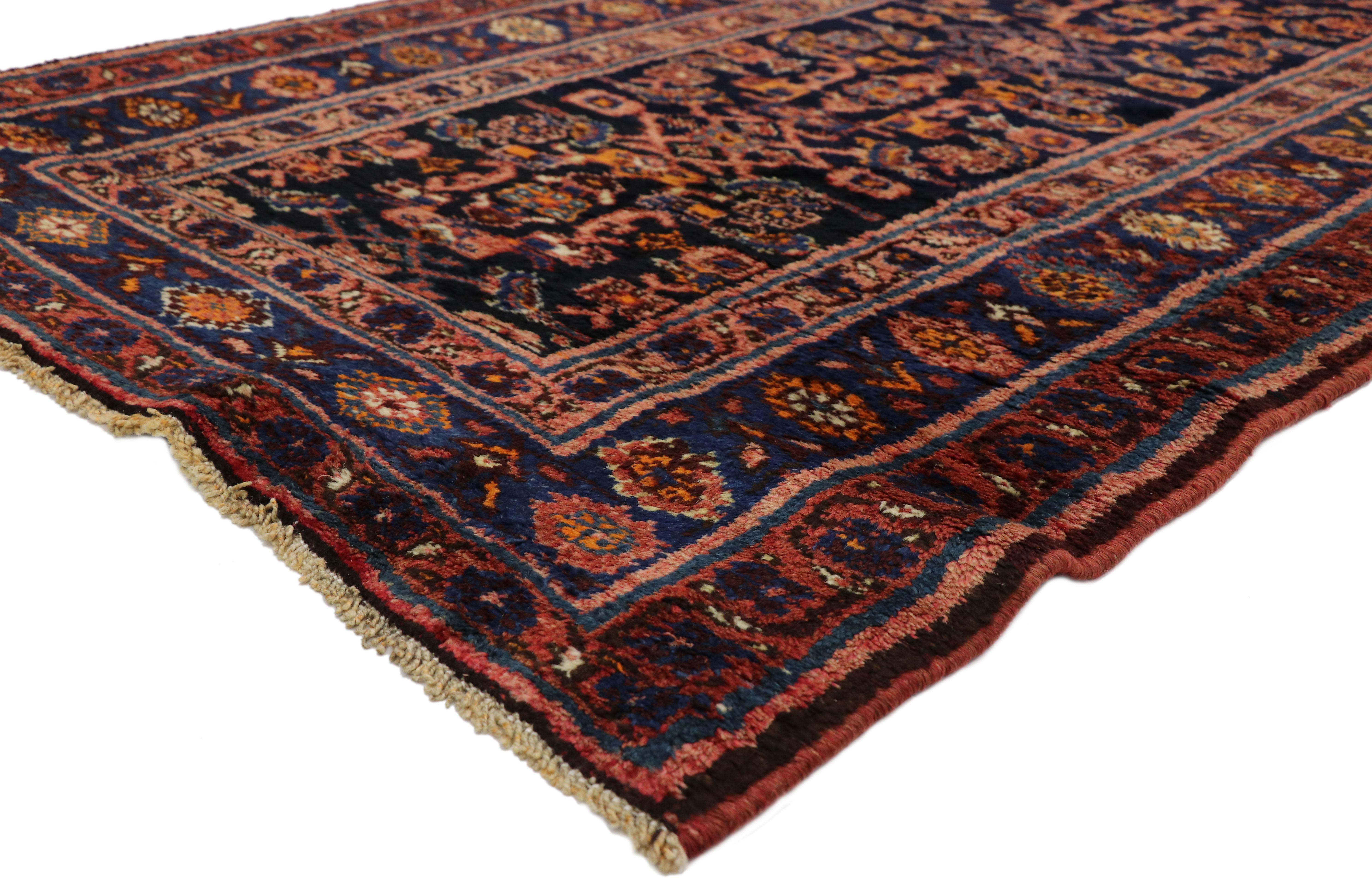 75905 Late 19th-Century Antique Persian Kurd Runner with Modern Victorian Style. Full of character and stately presence, this antique Persian Kurd carpet runner showcase an intrinsic geometric pattern highlighting the infamous Herati design. The