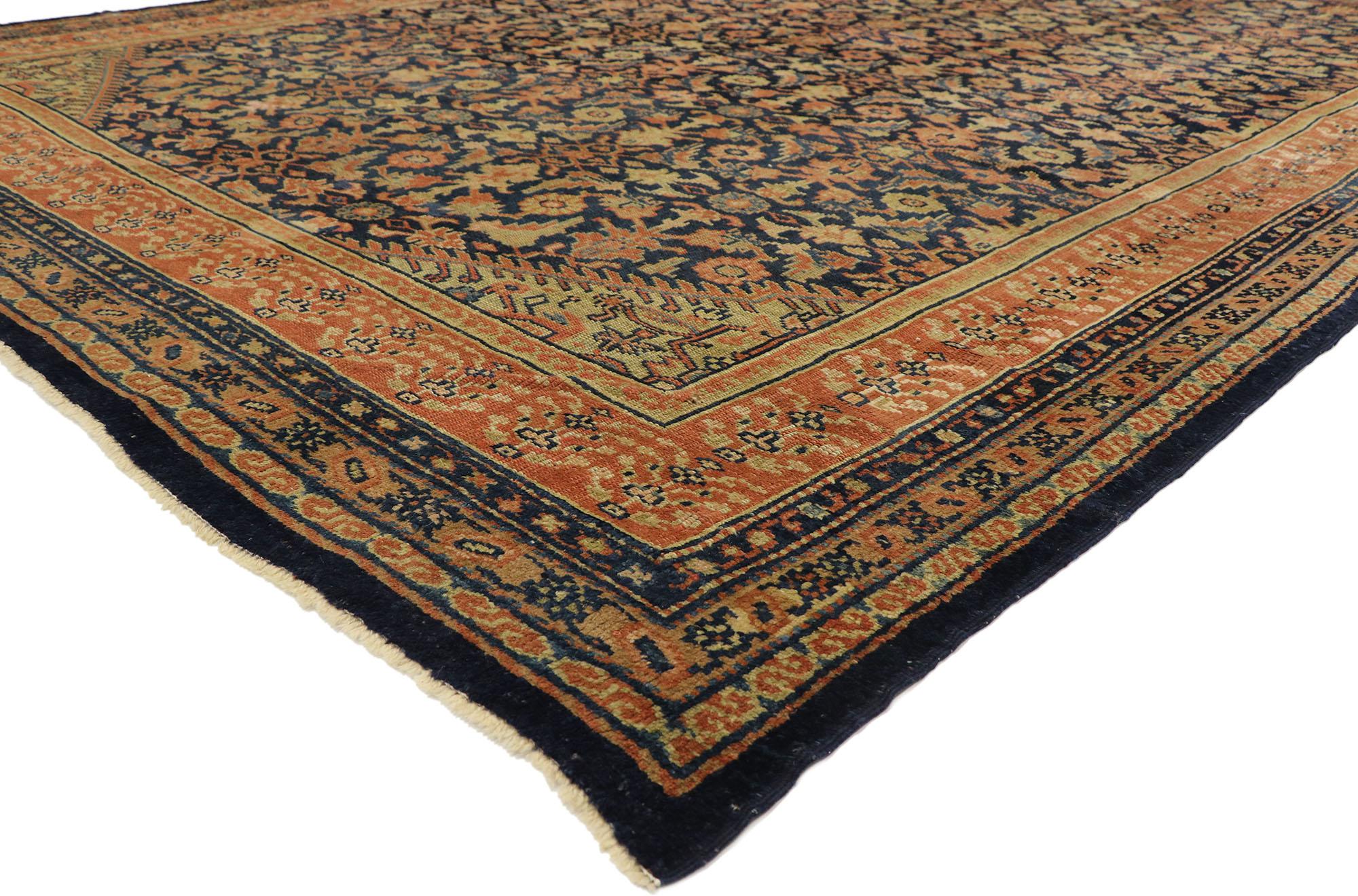 51634, late 19th century antique Persian Kurdish rug with Traditional English style. With timeless elegance and nostalgic charm, this hand knotted wool antique Persian Kurdish rug can beautifully blend modern, contemporary and traditional interiors.