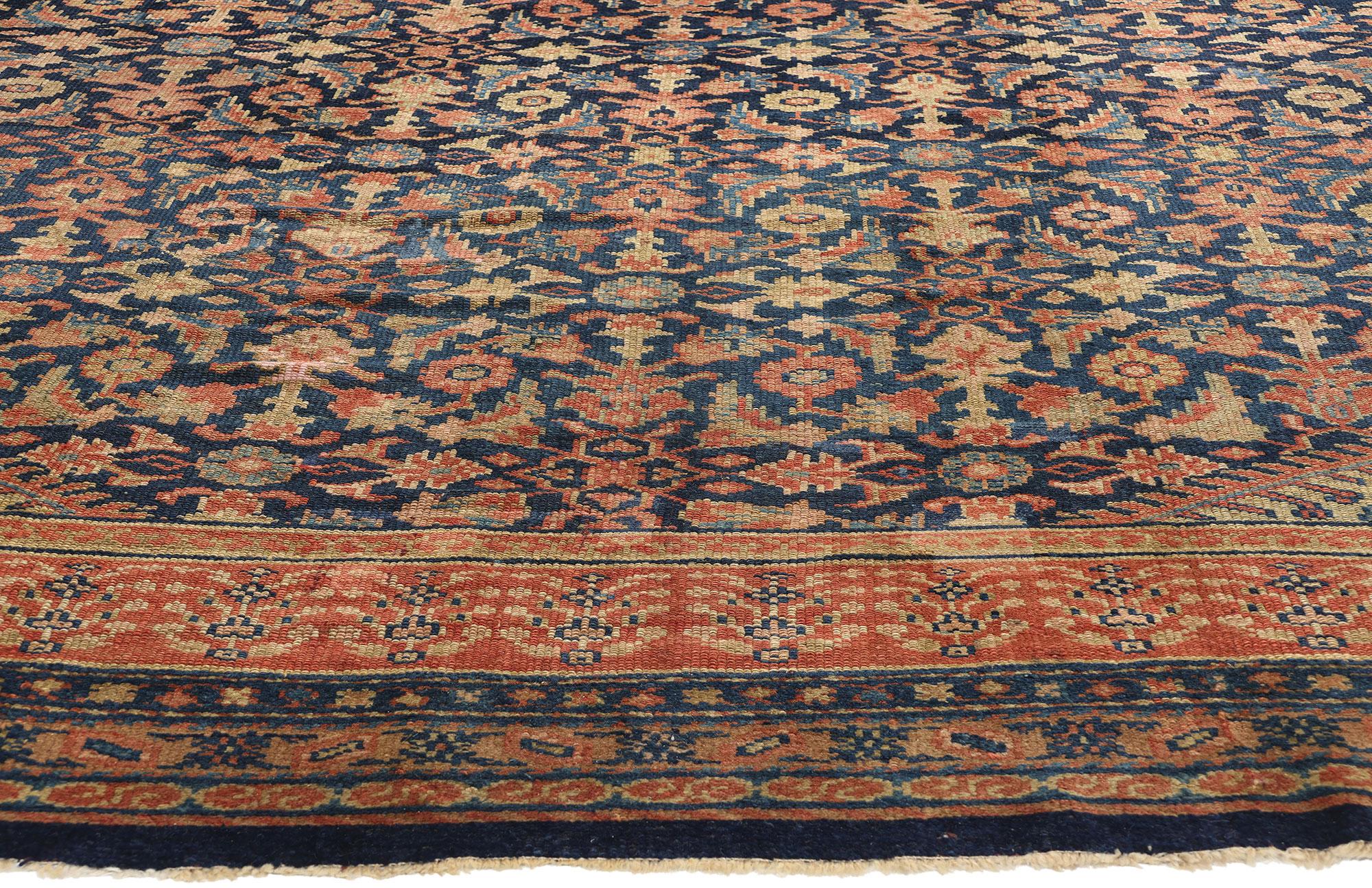 Hand-Knotted Late 19th Century Distressed Antique Navy Blue Persian Kurdish Carpet For Sale