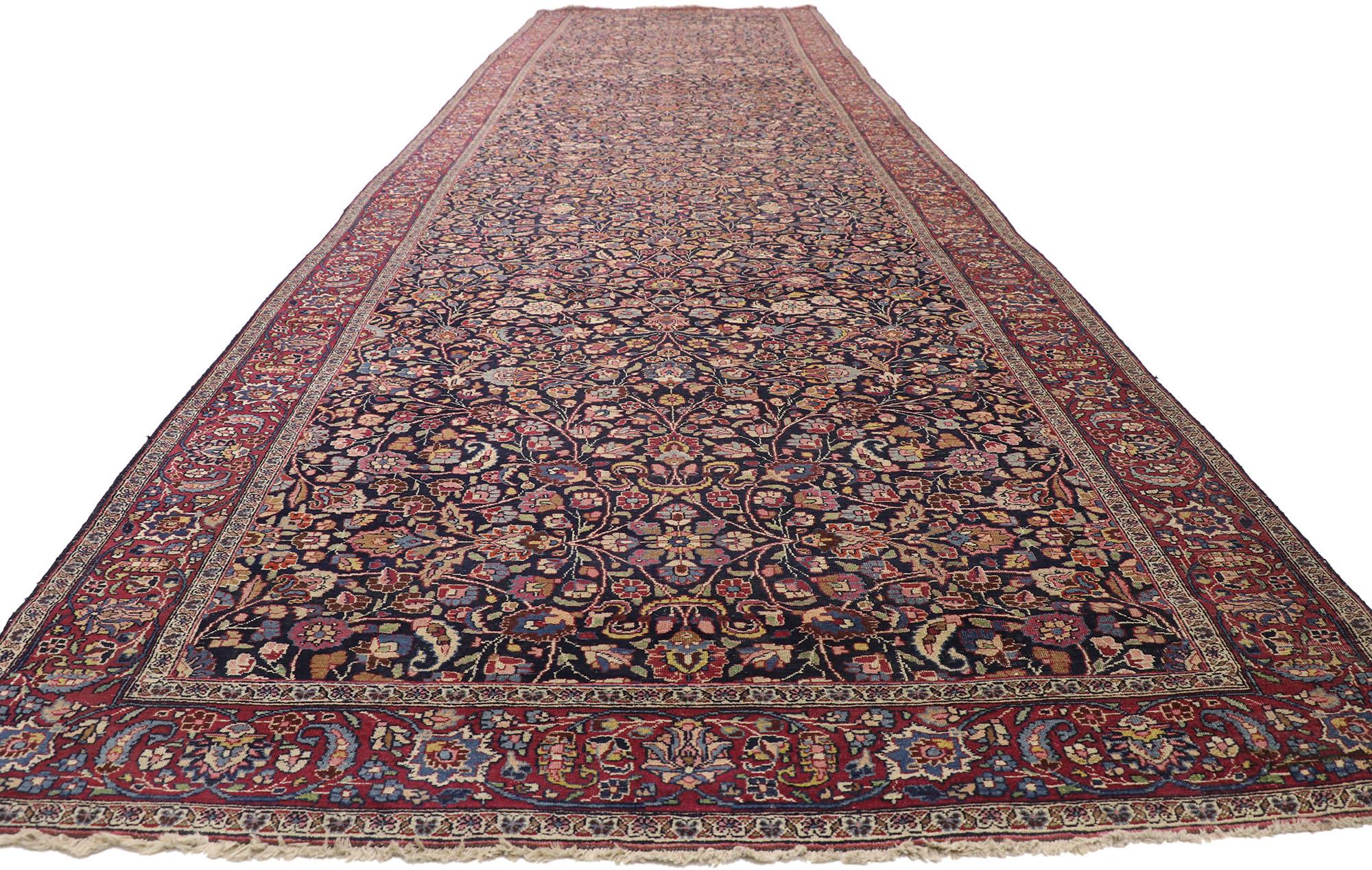 Hand-Knotted Antique Persian Mashhad Runner with Old World Style, Extra-Long Hallway Runner For Sale