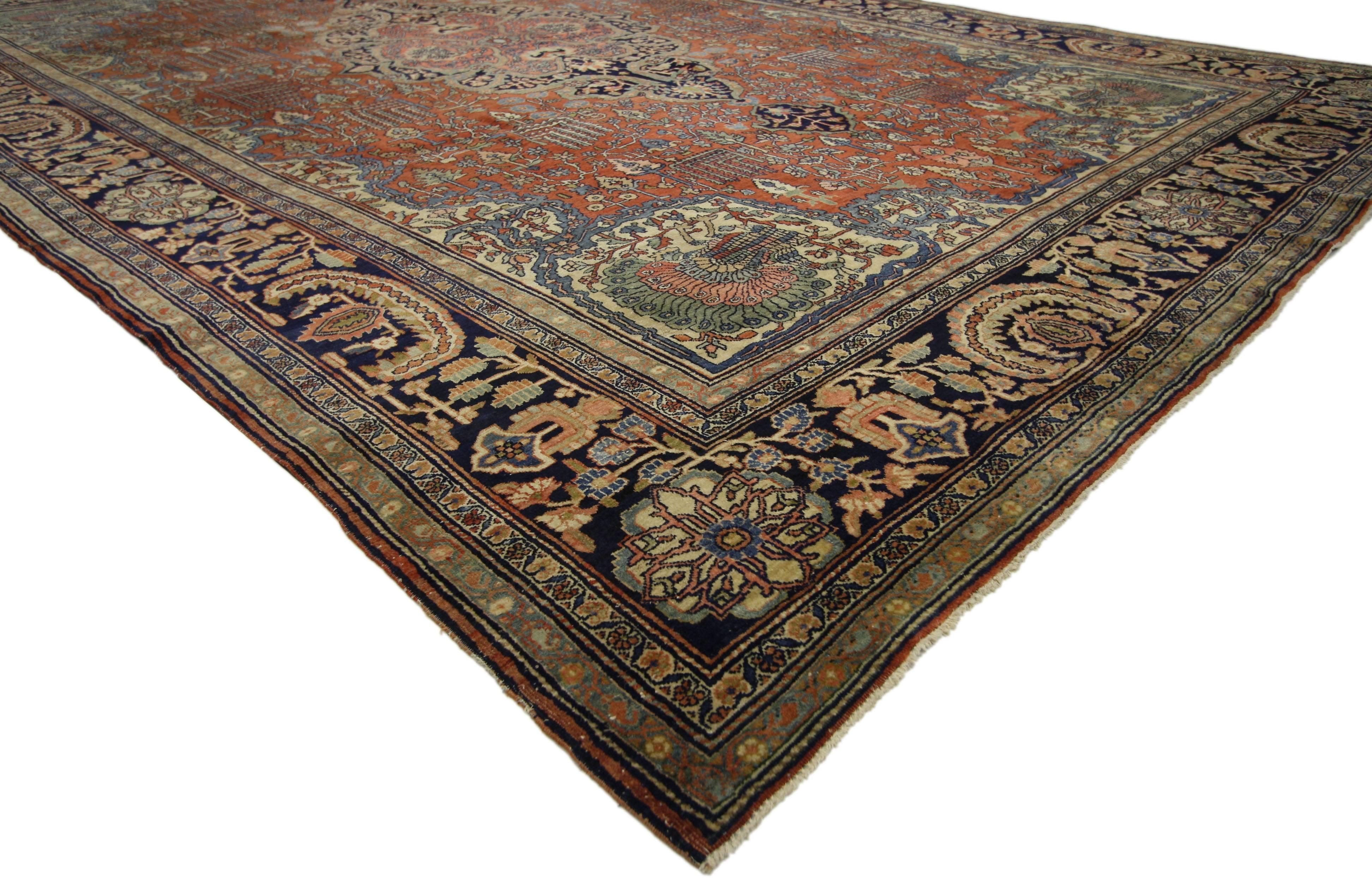 73477, late 19th century antique Persian Sarouk Farahan Rug, 09'00 x 13'02.
The architectural elements of naturalistic forms combined with Arts & Crafts style, this hand knotted wool late 19th century antique Persian Farahan rug astounds with its