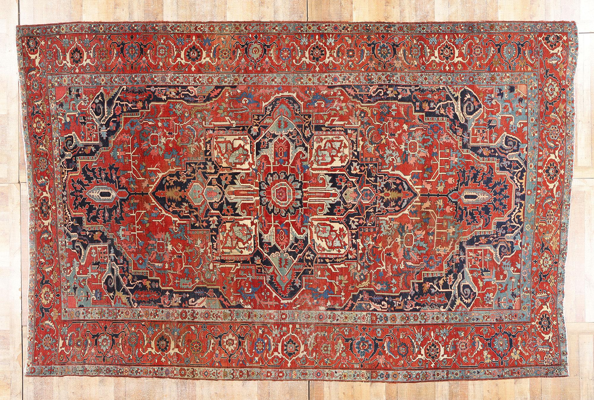 79230 Late 19th Century Antique Persian Serapi Rug, 10'00 x 15'01. Woven in the twilight of the 19th century, this hand-knotted wool antique Persian Serapi rug is a precious masterwork of elemental elegance and bold, poetic geometry. At its heart