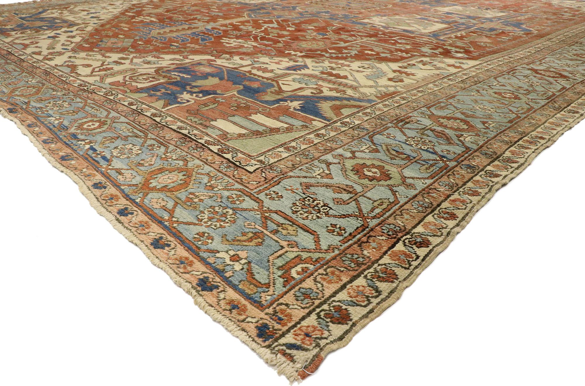 72743 late 19th century antique Persian Serapi Rug with Mid-Century Modern style. With timeless appeal, refined colors, and architectural design elements, this hand knotted wool antique Persian Serapi rug can beautifully blend modern, contemporary,