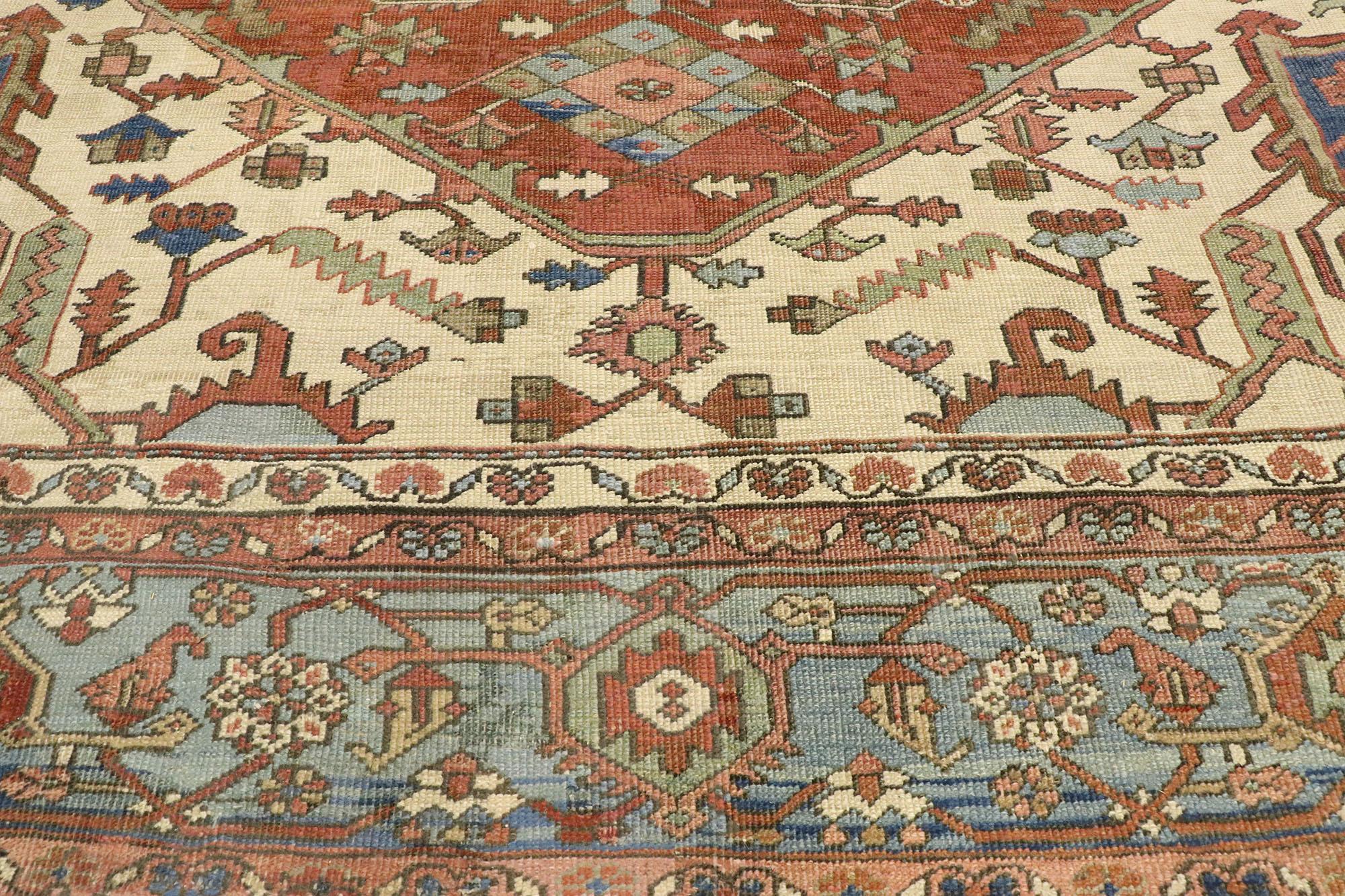 Hand-Knotted 1870s Antique Persian Serapi Rug, Hotel Lobby Size Carpet For Sale