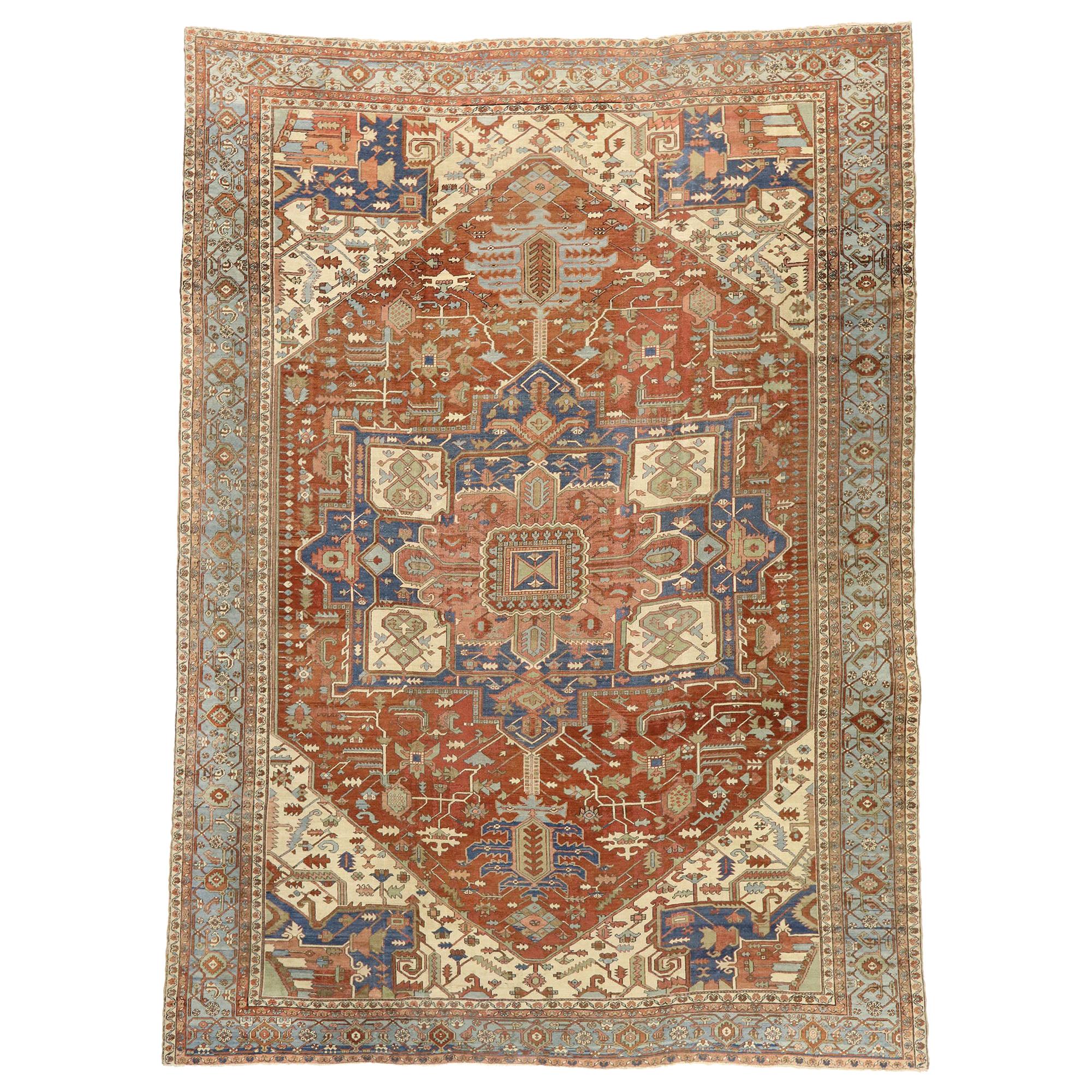 1870s Antique Persian Serapi Rug, Hotel Lobby Size Carpet