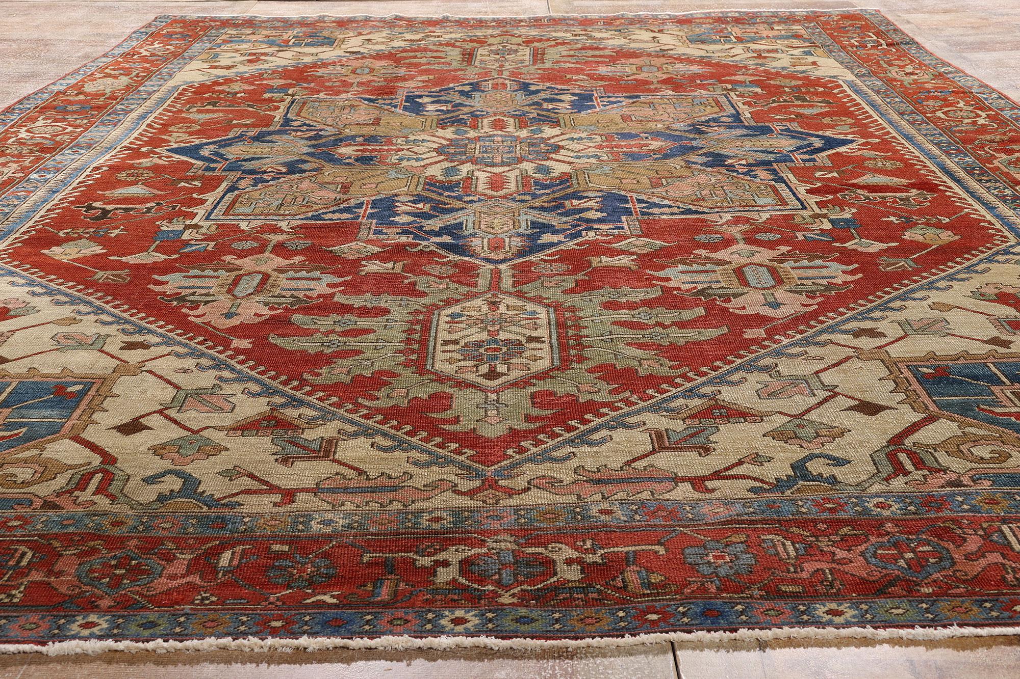 74972 Late 19th Century Antique Persian Serapi Rug, 09'05 x 12'04. Woven in the storied mountains of Northwest Persia during the Late 19th Century, this hand-knotted wool antique Serapi rug stands as a rare and regal testament to a golden age of