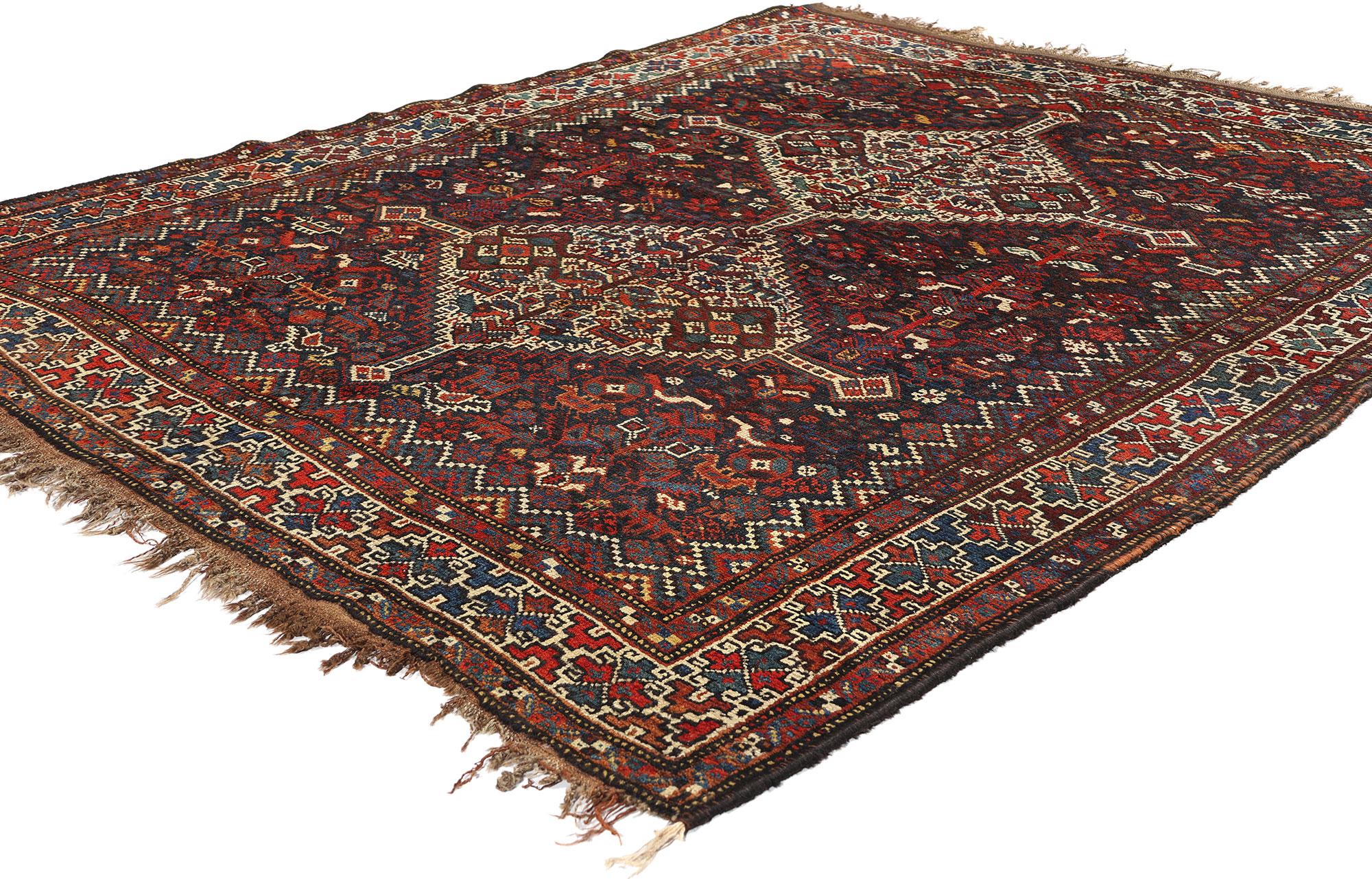 78179 Antique Persian Shiraz Rug, 05'06 x 06'07. Persian Shiraz rugs are a type of Persian rug originating from the villages around the city of Shiraz, located in Iran's Fars province. These rugs are renowned for their tribal designs and rustic