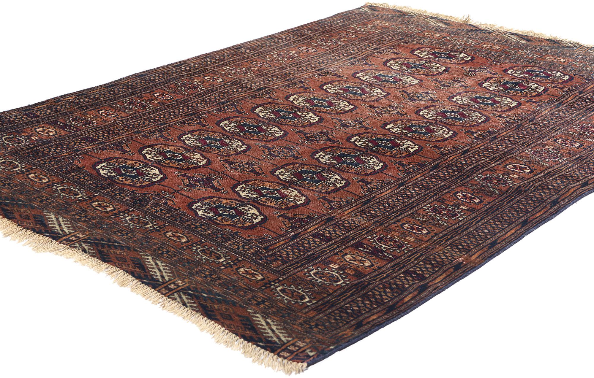 79172 Late 19th Century Antique Persian Turkoman Rug, 03'11 x 05'06. Woven in the twilight of the 19th century, this hand knotted wool antique Persian Turkoman rug tells a tale steeped in nomadic tradition and ancestral artistry. Crafted by the