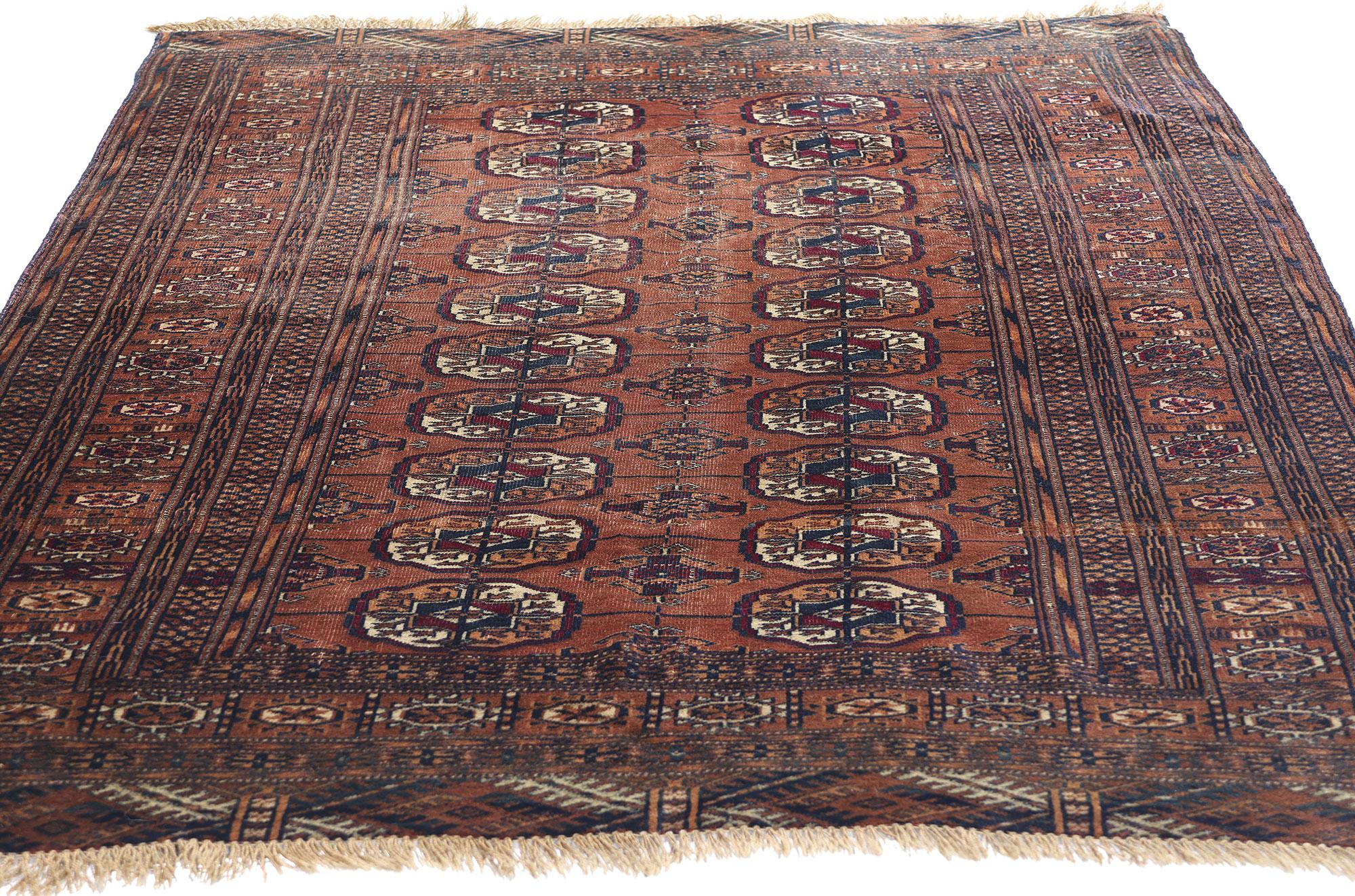 Hand-Knotted Late 19th Century Antique Persian Turkoman Tekke Carpet with Tribal Style For Sale