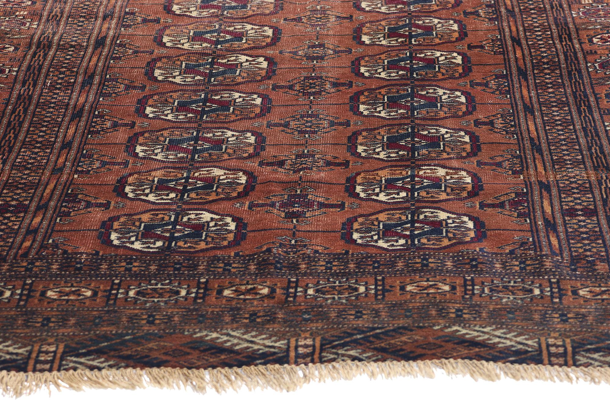 Late 19th Century Antique Persian Turkoman Tekke Carpet with Tribal Style In Distressed Condition For Sale In Dallas, TX