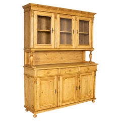 Late 19th Century Antique Pine Large Cupboard Cabinet with Upper Glass Doors