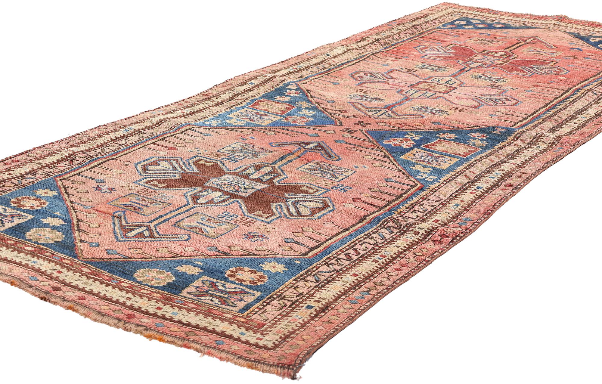61373 Antique Pink Persian Kurdish Rug Runner, 03'01 x 07'08. Embark on an evocative journey through time as you explore this hand-knotted wool antique Persian Kurdish rug runner, woven in the Late 19th Century. Each intricate thread represents the