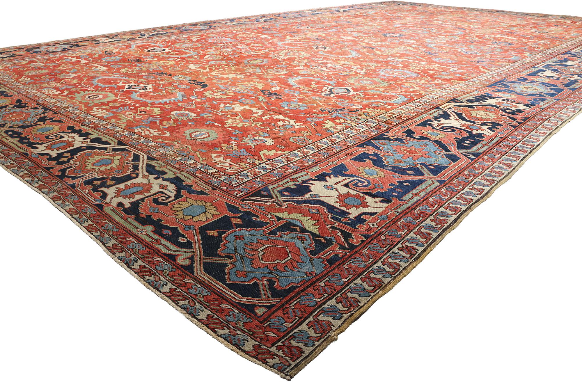 78845 Antiker roter Allover-Perserapi-Teppich des späten 19. Jahrhunderts, 15'11 x 25'11. Entdecken Sie die unvergleichliche Eleganz dieses fast 16 x 26 großen, handgeknüpften antiken persischen Serapi-Teppichs aus Wolle, ein wirklich seltener Fund.