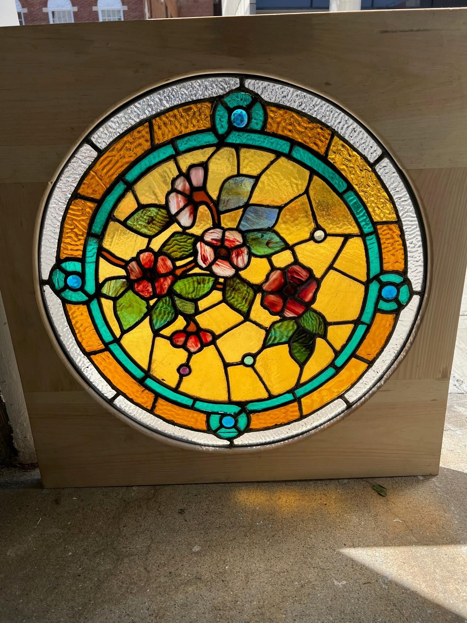 Late 19th Century Antique Round Stained Glass Window in a New Square Wood Frame For Sale 3