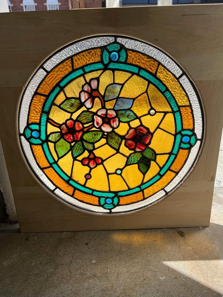 Late 19th Century Antique Round Stained Glass Window in a New Square