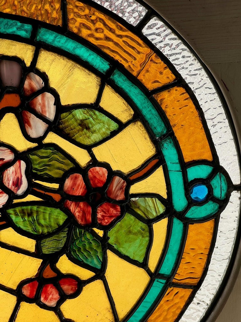Late 19th Century Antique Round Stained Glass Window in a New Square