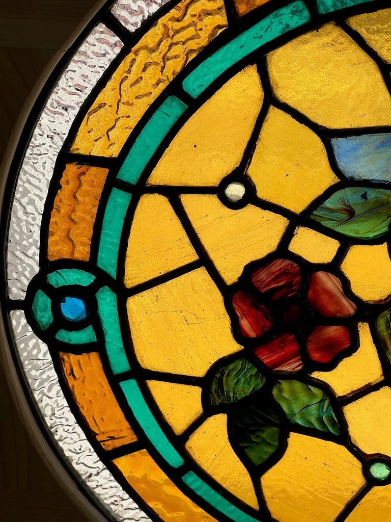 Late 19th Century Antique Round Stained Glass Window in a New Square