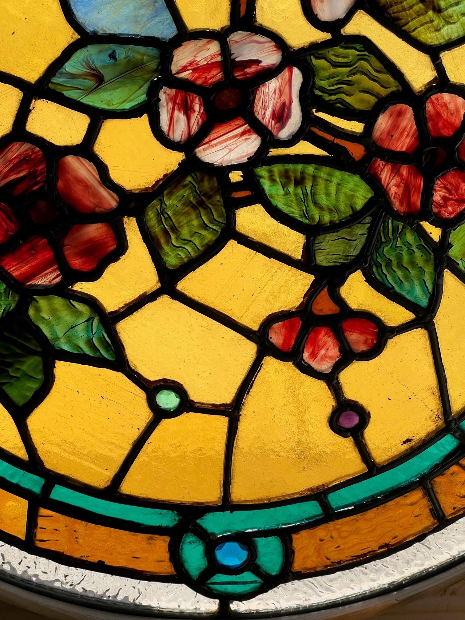 Late 19th Century Antique Round Stained Glass Window in a New Square Wood Frame For Sale 8