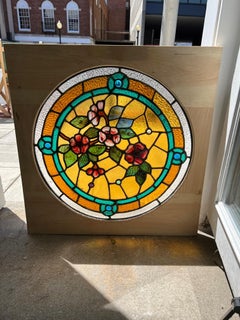 Late 19th Century Antique Round Stained Glass Window in a New Square Wood Frame