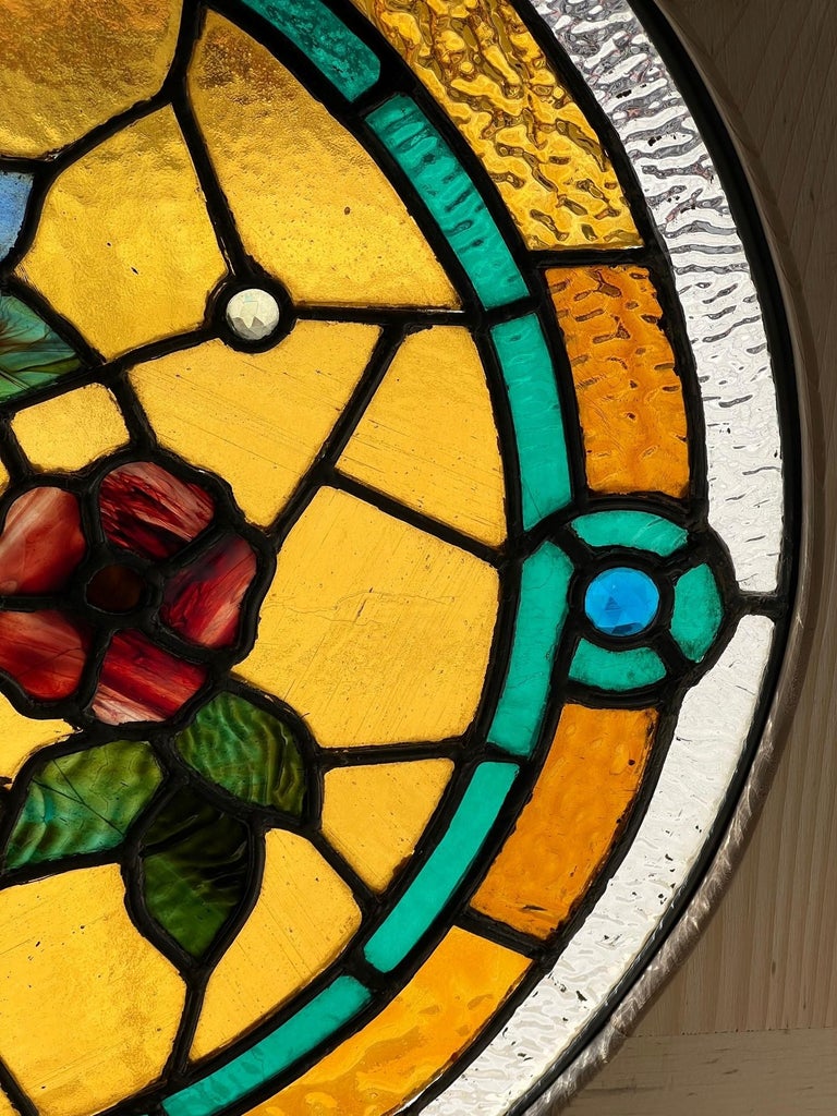 Late 19th Century Antique Round Stained Glass Window in a New Square