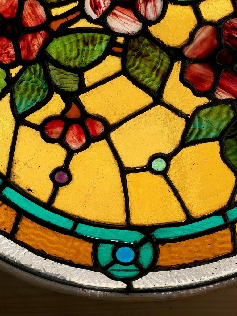 Late 19th Century Antique Round Stained Glass Window in a New Square