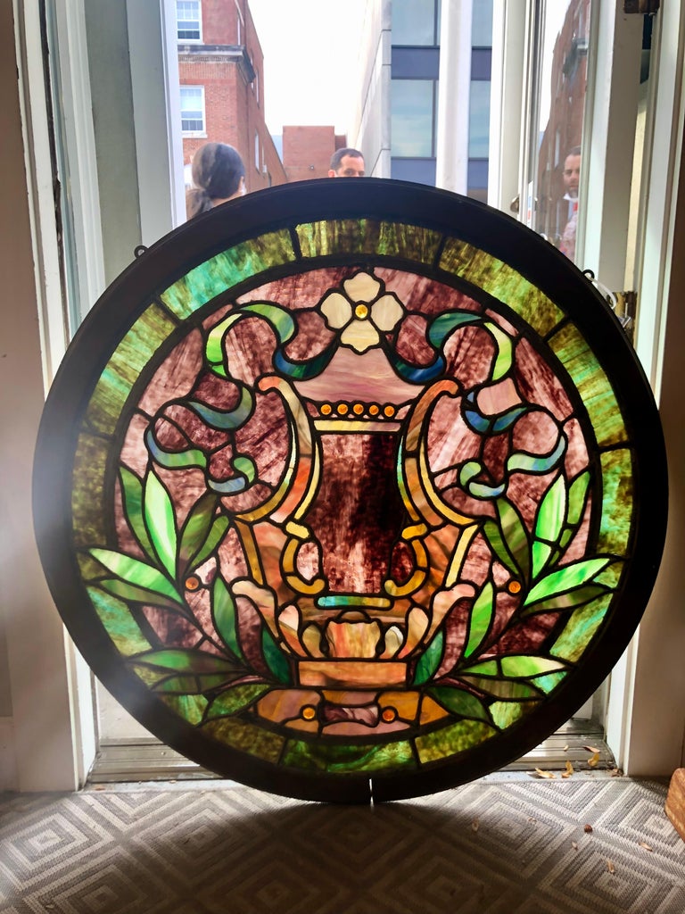 Late 19th Century Antique Round Stained Glass Window in a Wood Frame