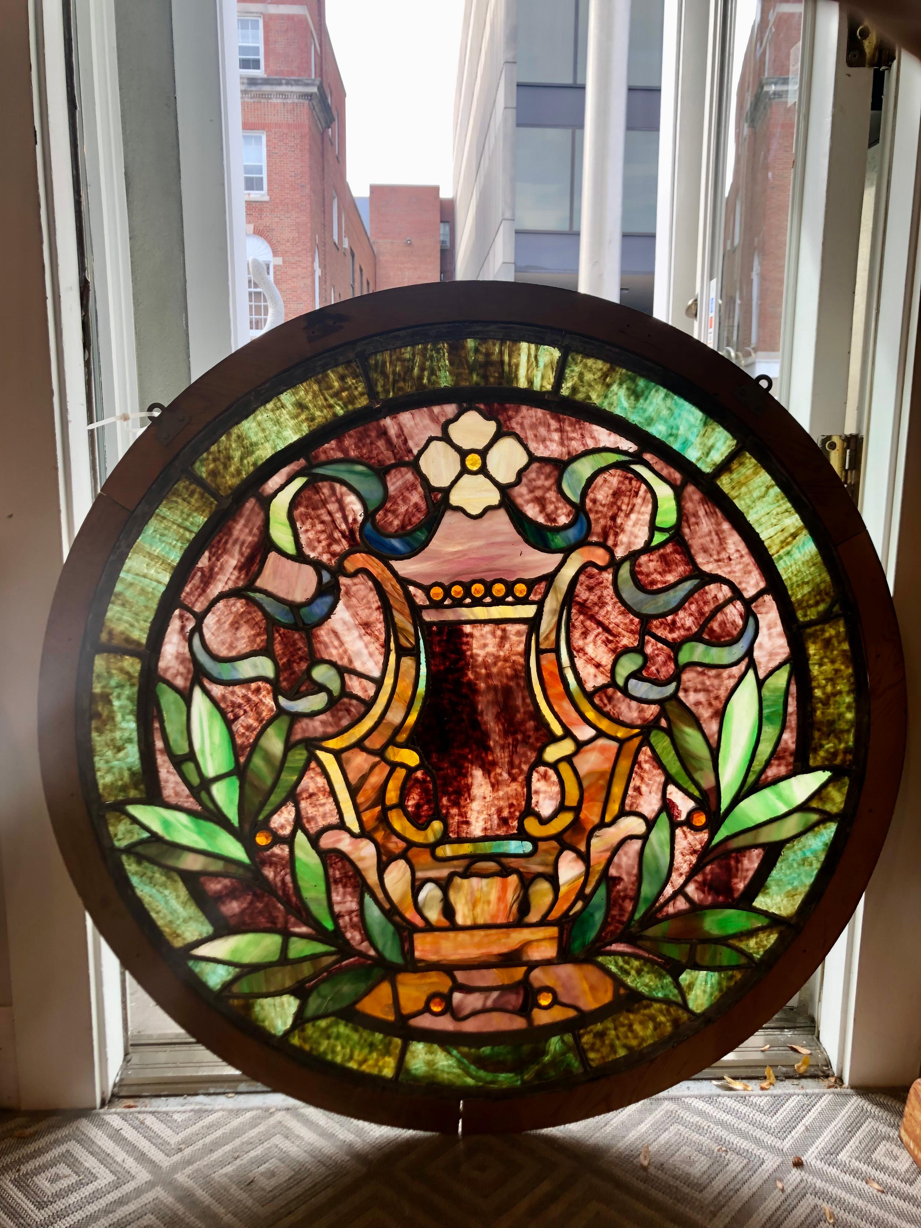 American Late 19th Century Antique Round Stained Glass Window in a Wood Frame