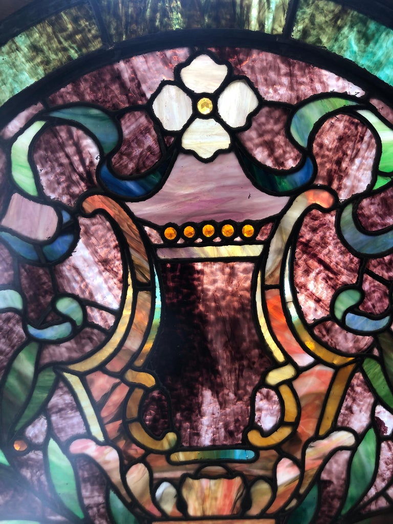 Late 19th Century Antique Round Stained Glass Window in a Wood Frame