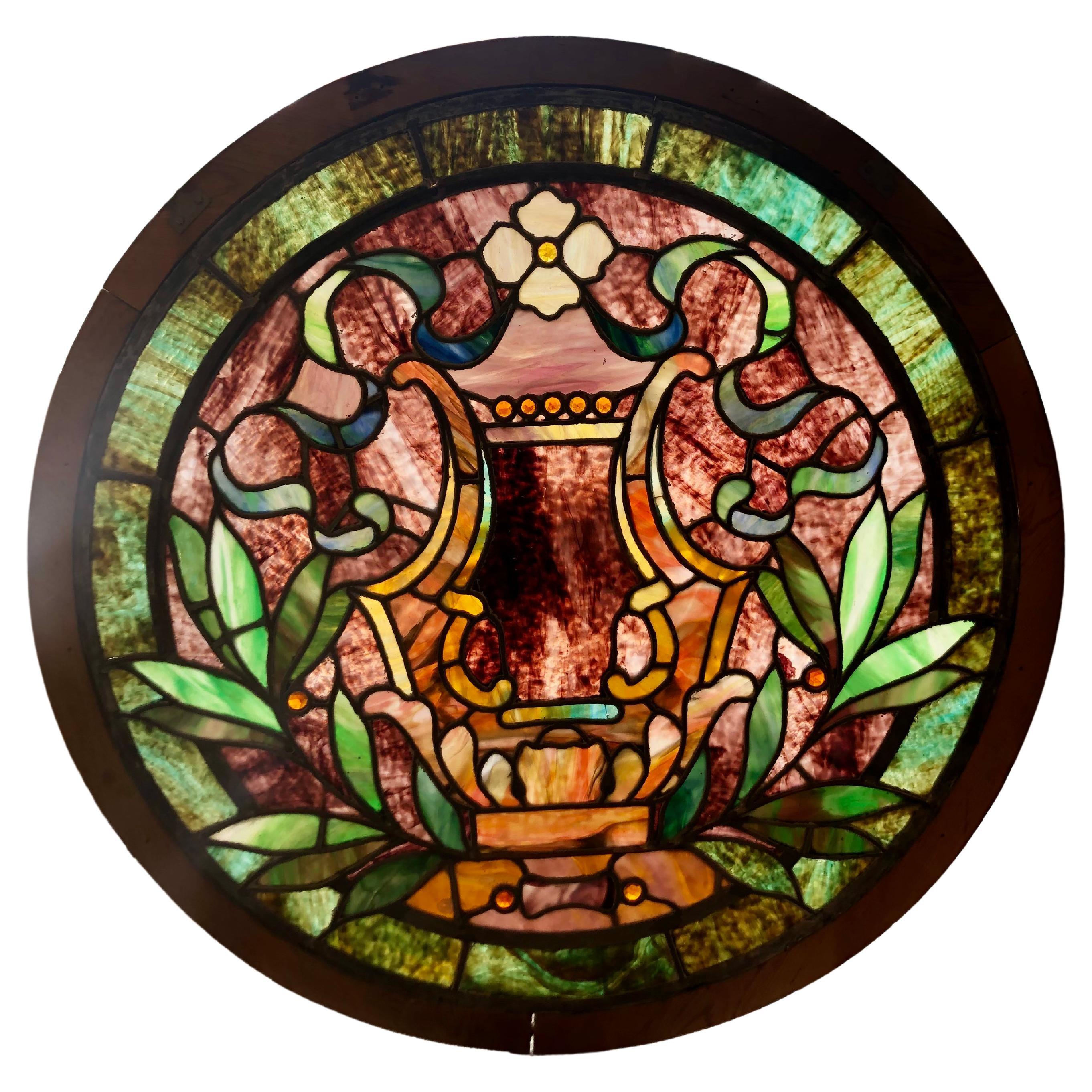 Late 19th Century Antique Round Stained Glass Window in a Wood Frame